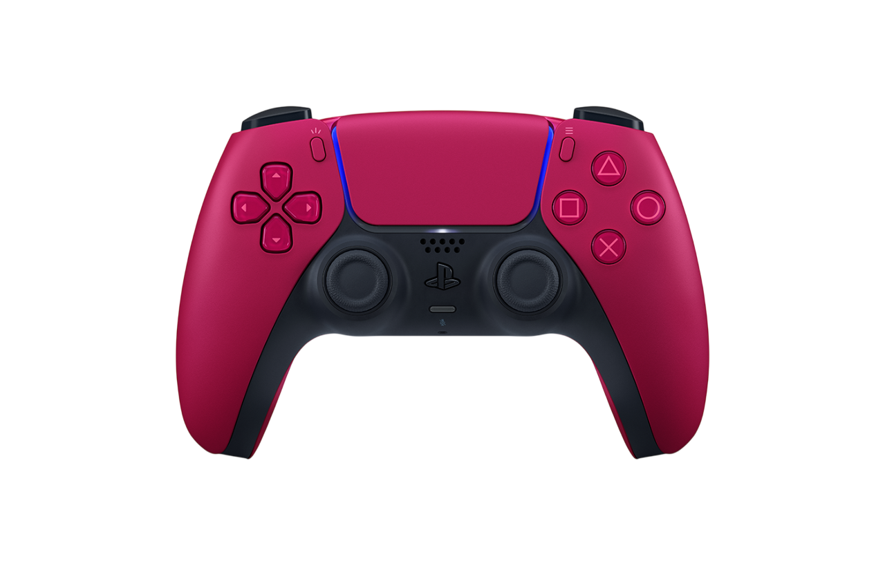 Siyah arka plan üzerinde siyah vurgulu pembe PlayStation 5 kontrol cihazı.