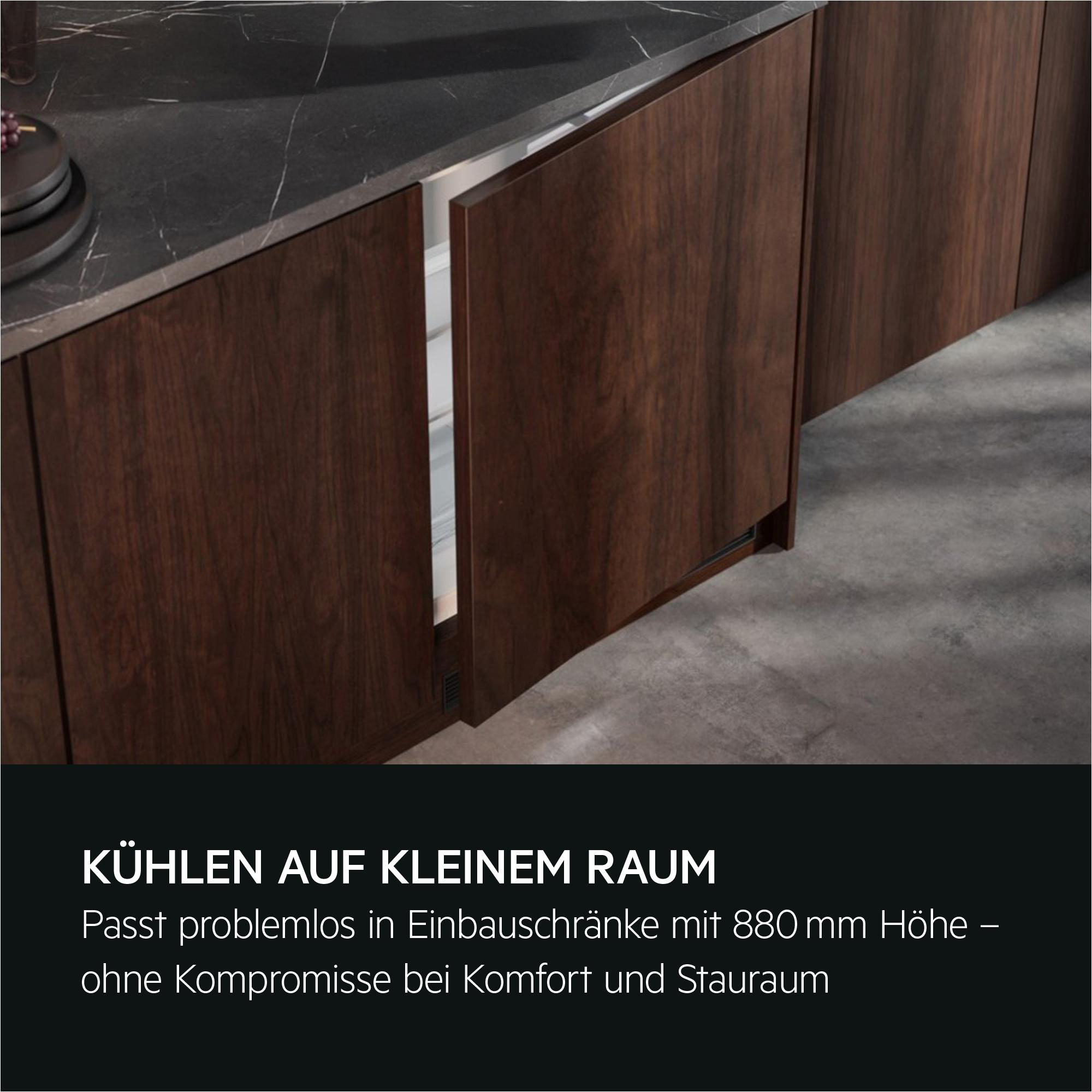 Einbaukühlschrank mit dunklen Holzfronten unter einer Marmorarbeitsplatte.