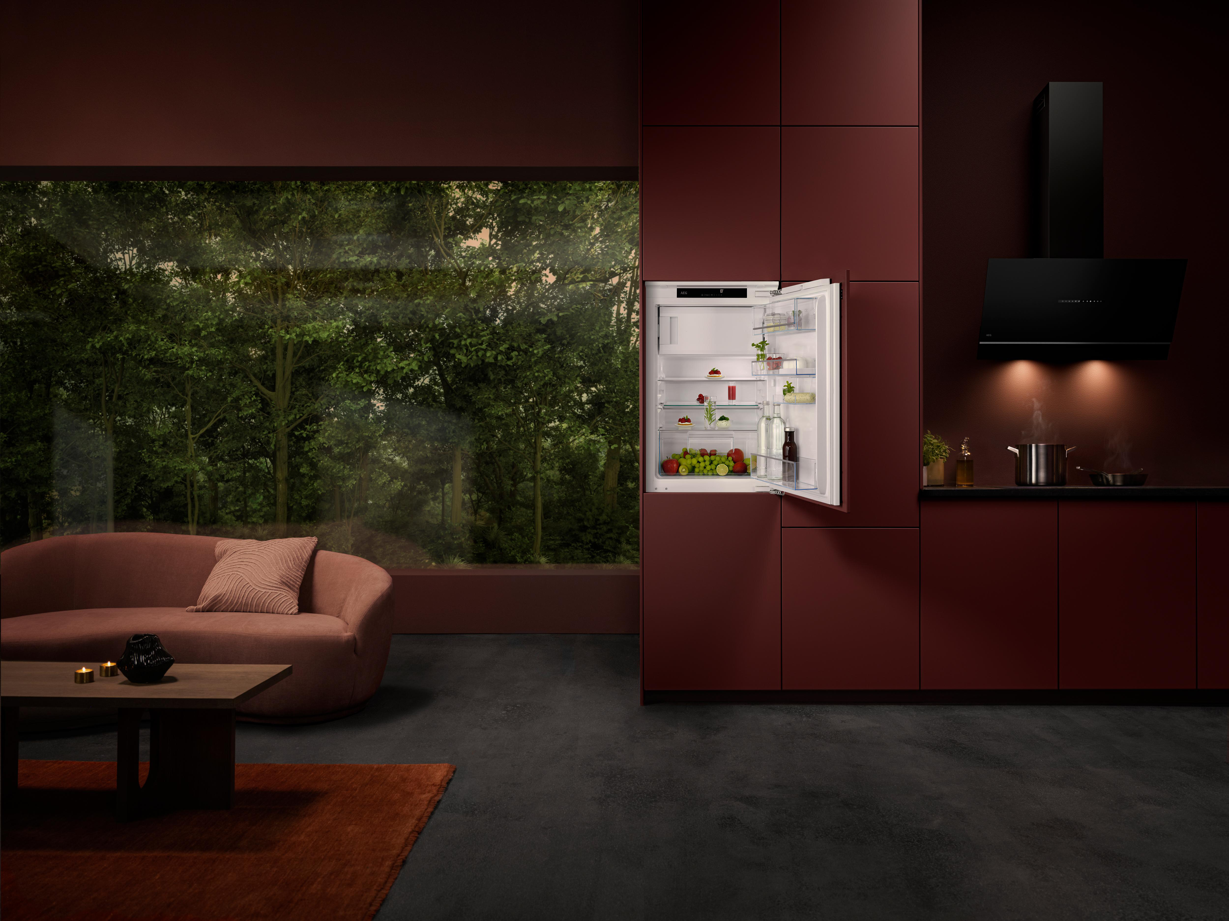 Moderne Küche mit offenem Kühlschrank, Sofa und Fenster mit Waldansicht.