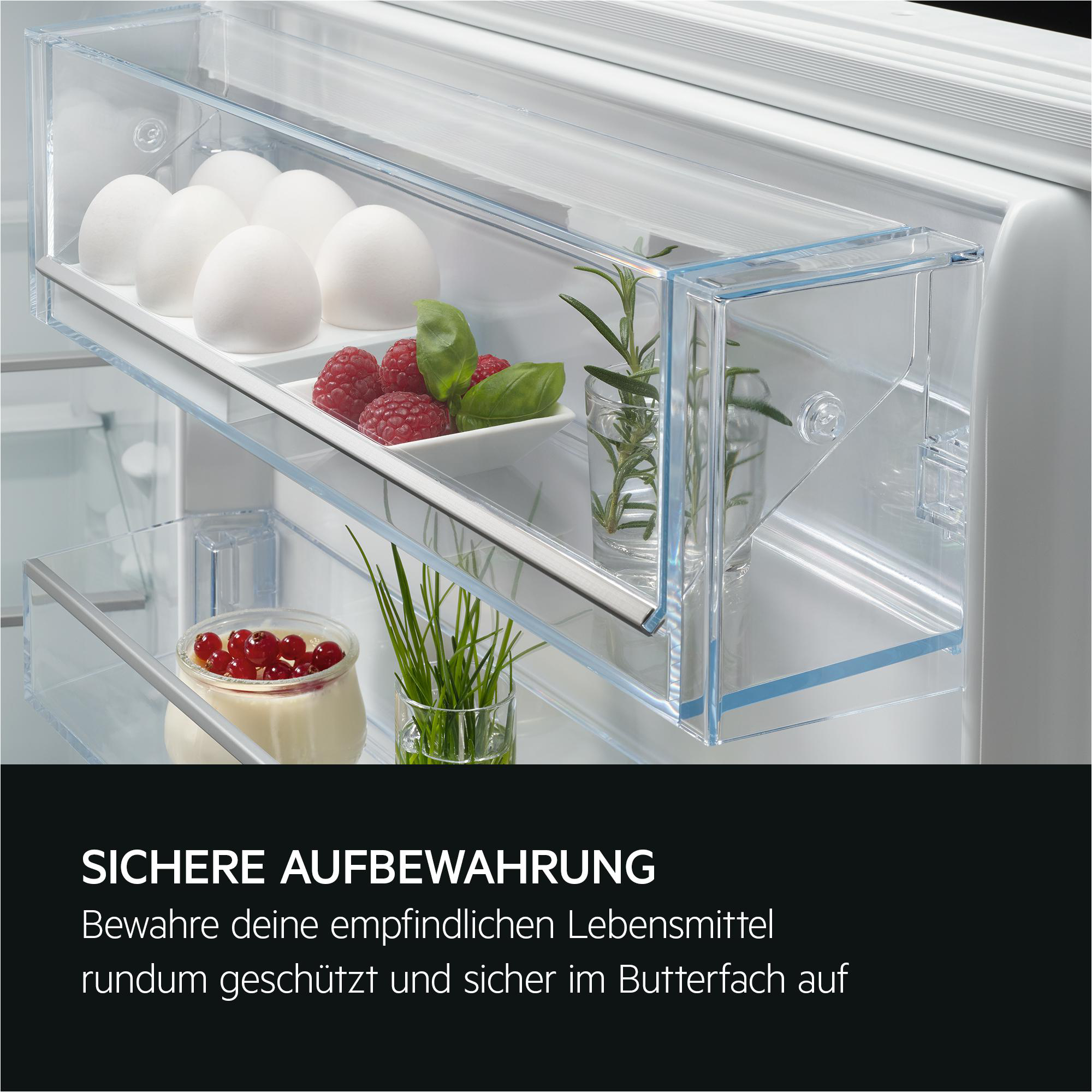 Eier, Beeren und Kräuter in einem Kühlschrankfach.