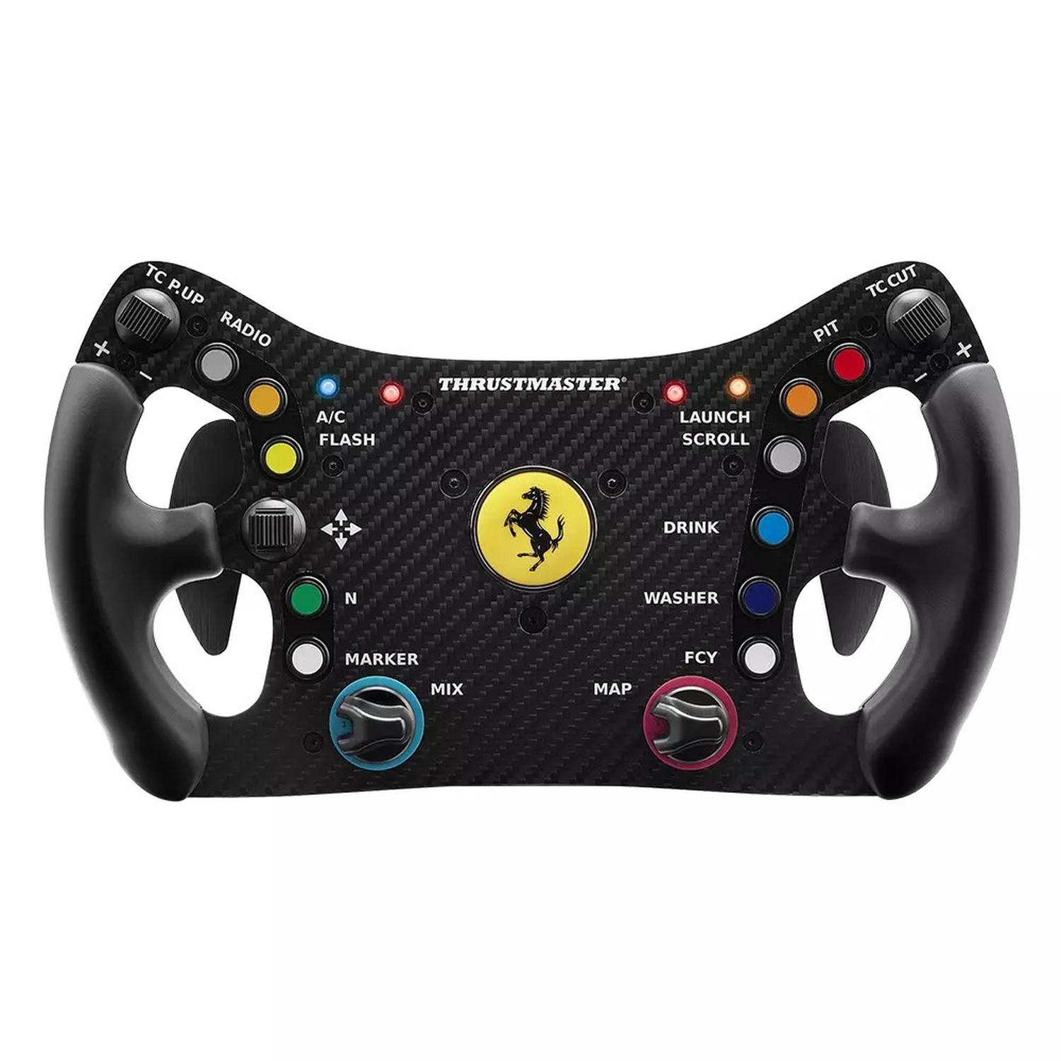 Un volante nero con logo Ferrari e molti pulsanti.