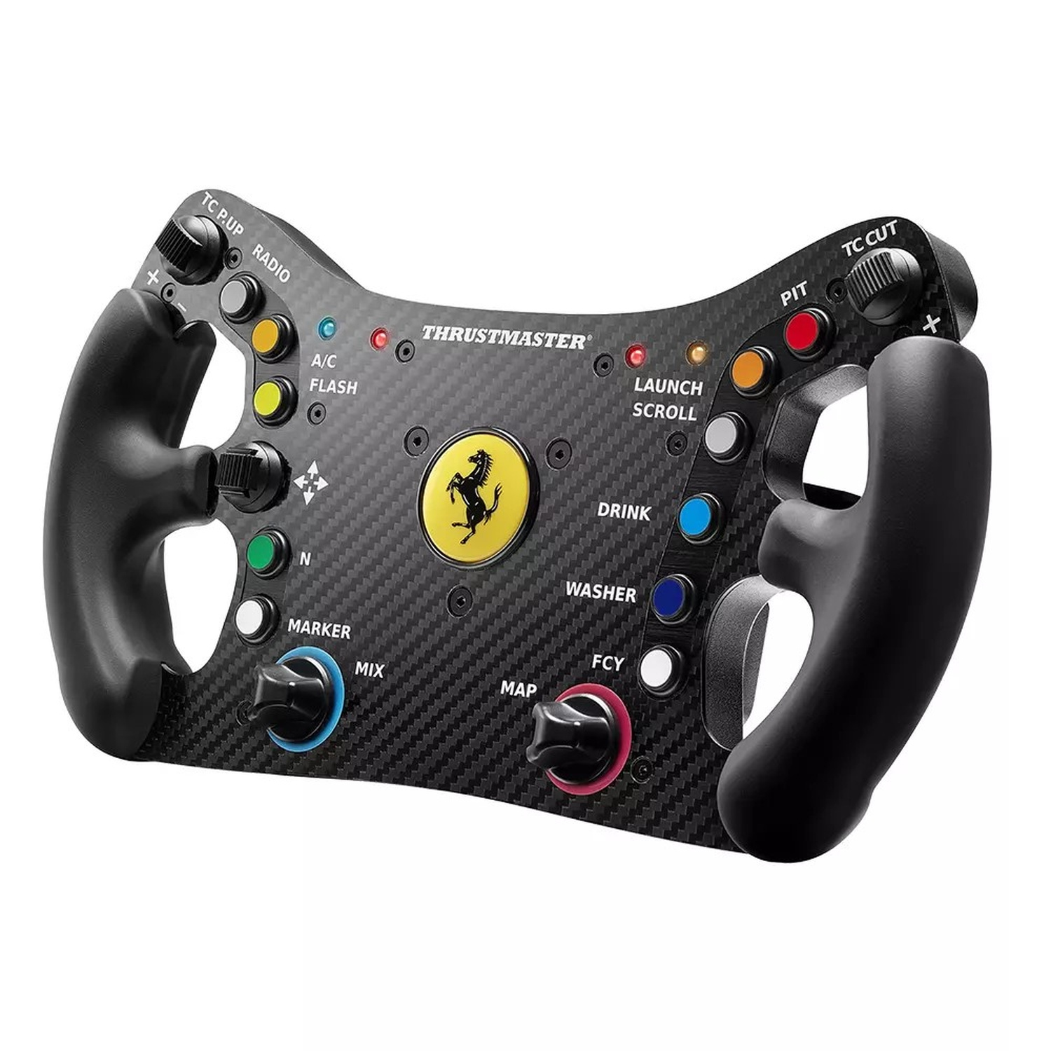 Volante da corsa nero in fibra di carbonio con logo Ferrari, bottoni e interruttori.