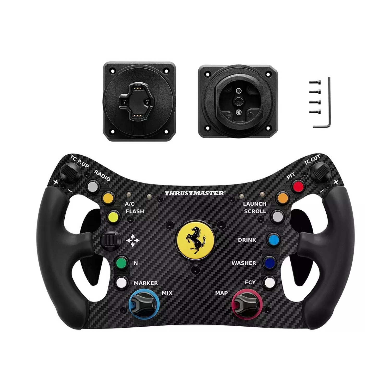 Volante da corsa Ferrari con pulsanti, interruttori e logo Ferrari.