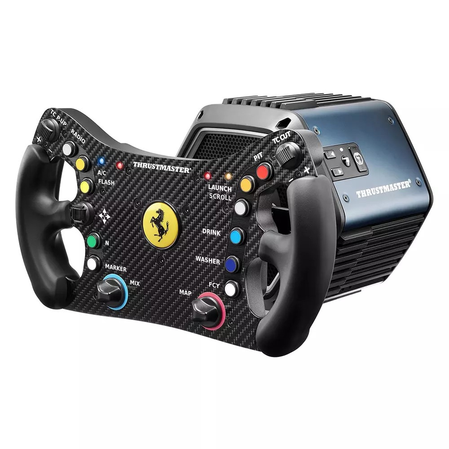 Un volante da corsa nero con logo Ferrari e molti pulsanti e interruttori.