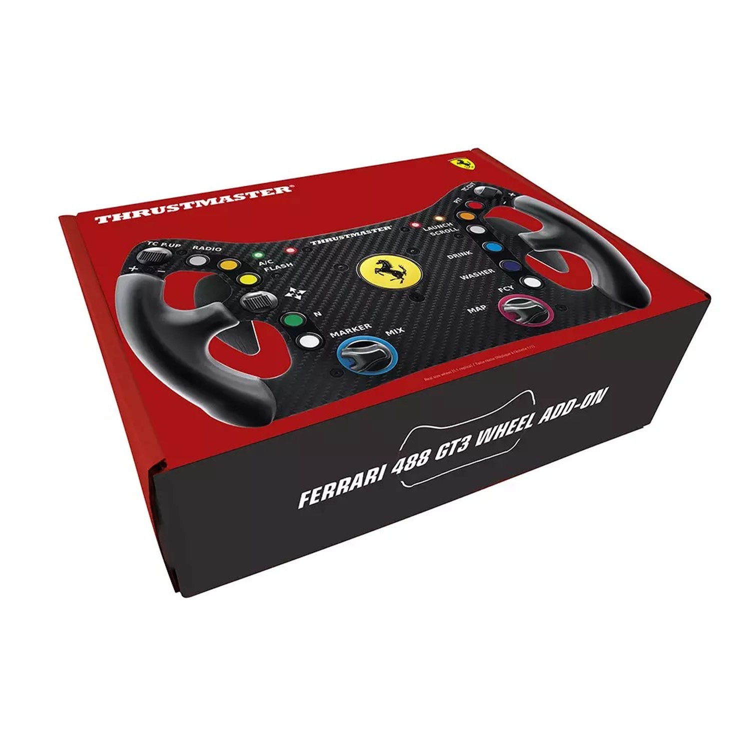Add-On Volante Ferrari 488 GT3 Thrustmaster su scatola rossa e nera.