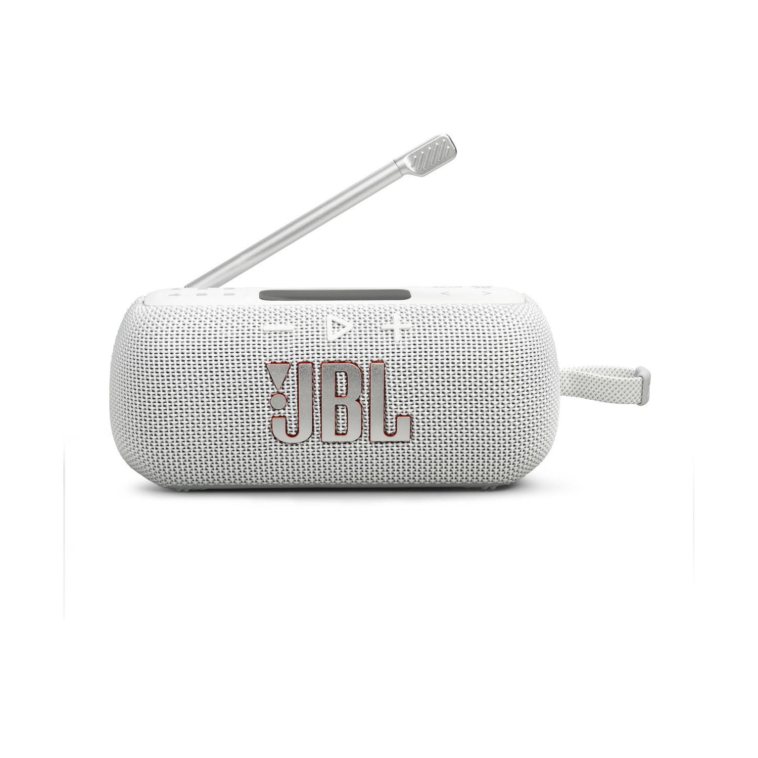 Un altoparlante JBL bianco con antenna e cinturino argentati.