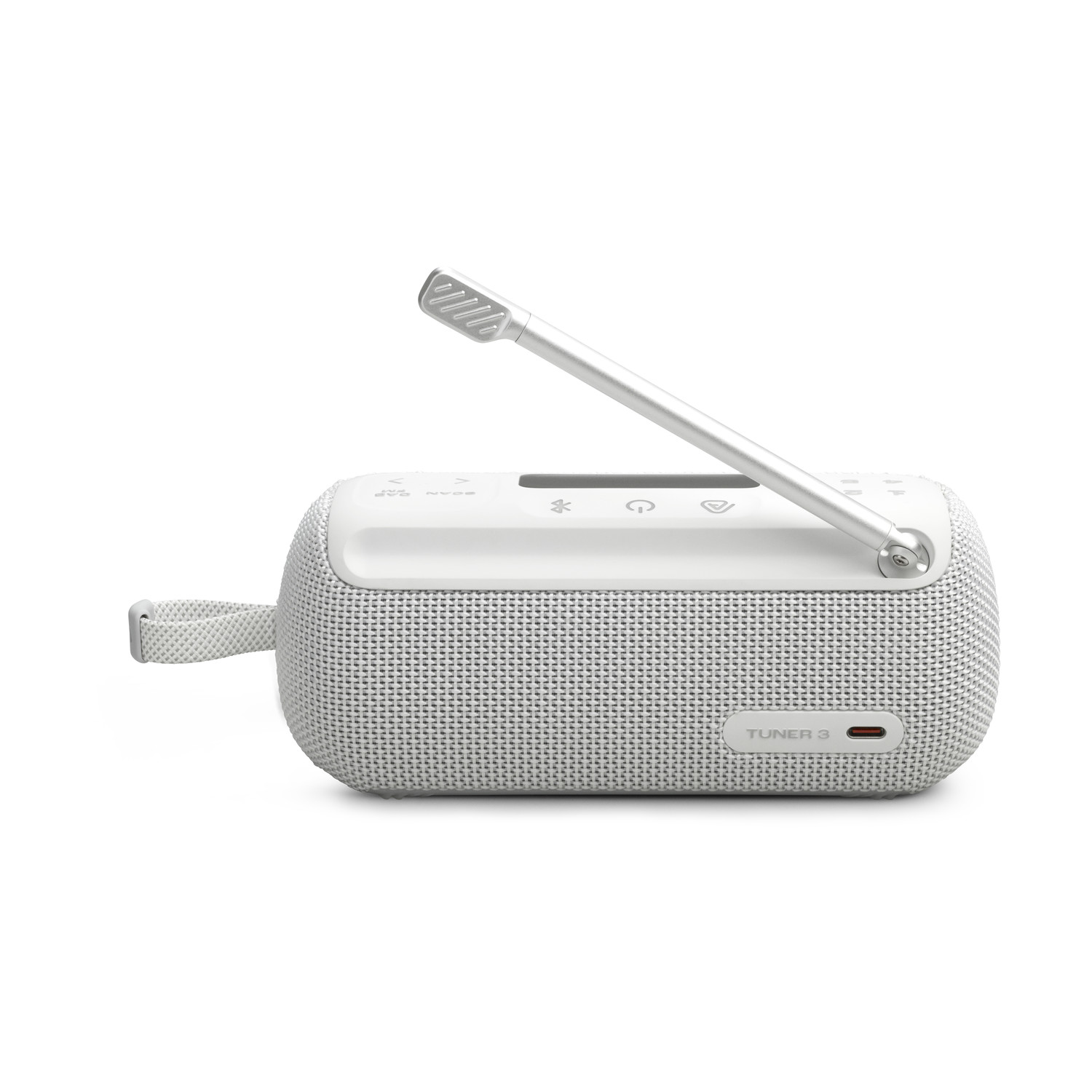 Altoparlante bianco con antenna estensibile e porta USB-C.