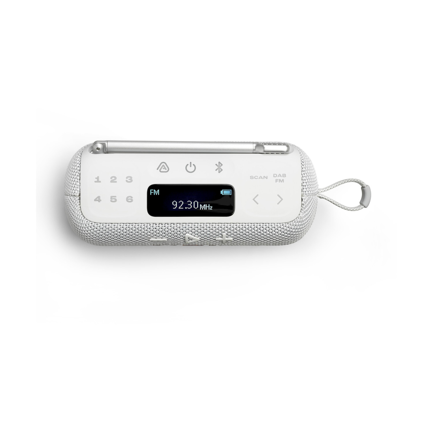Una radio DAB/FM bianca con antenna argentata e anello in tessuto.