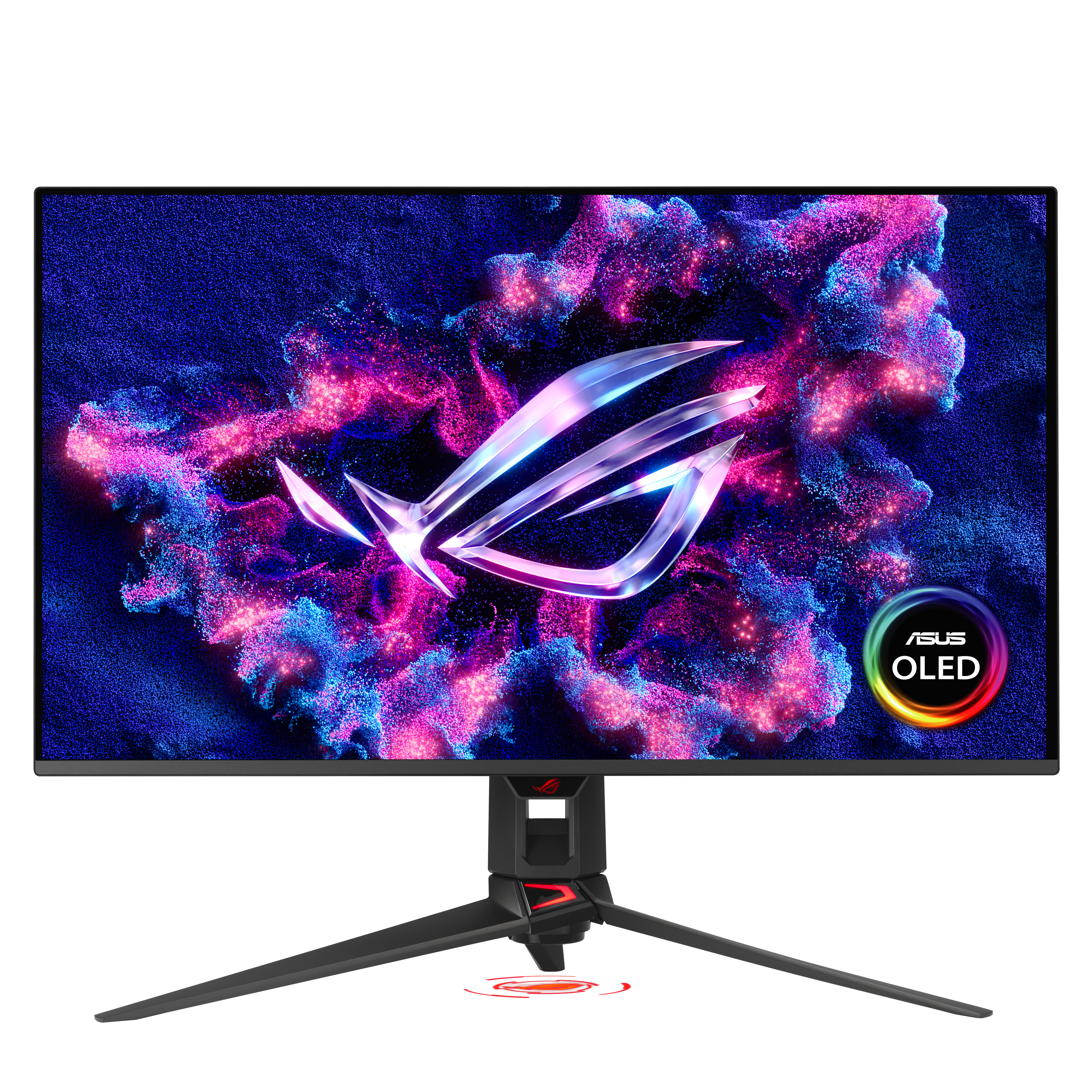 Ein ROG-Monitor mit einem stilisierten Logo vor einem Wirbel aus blauem und pinkem Staub.