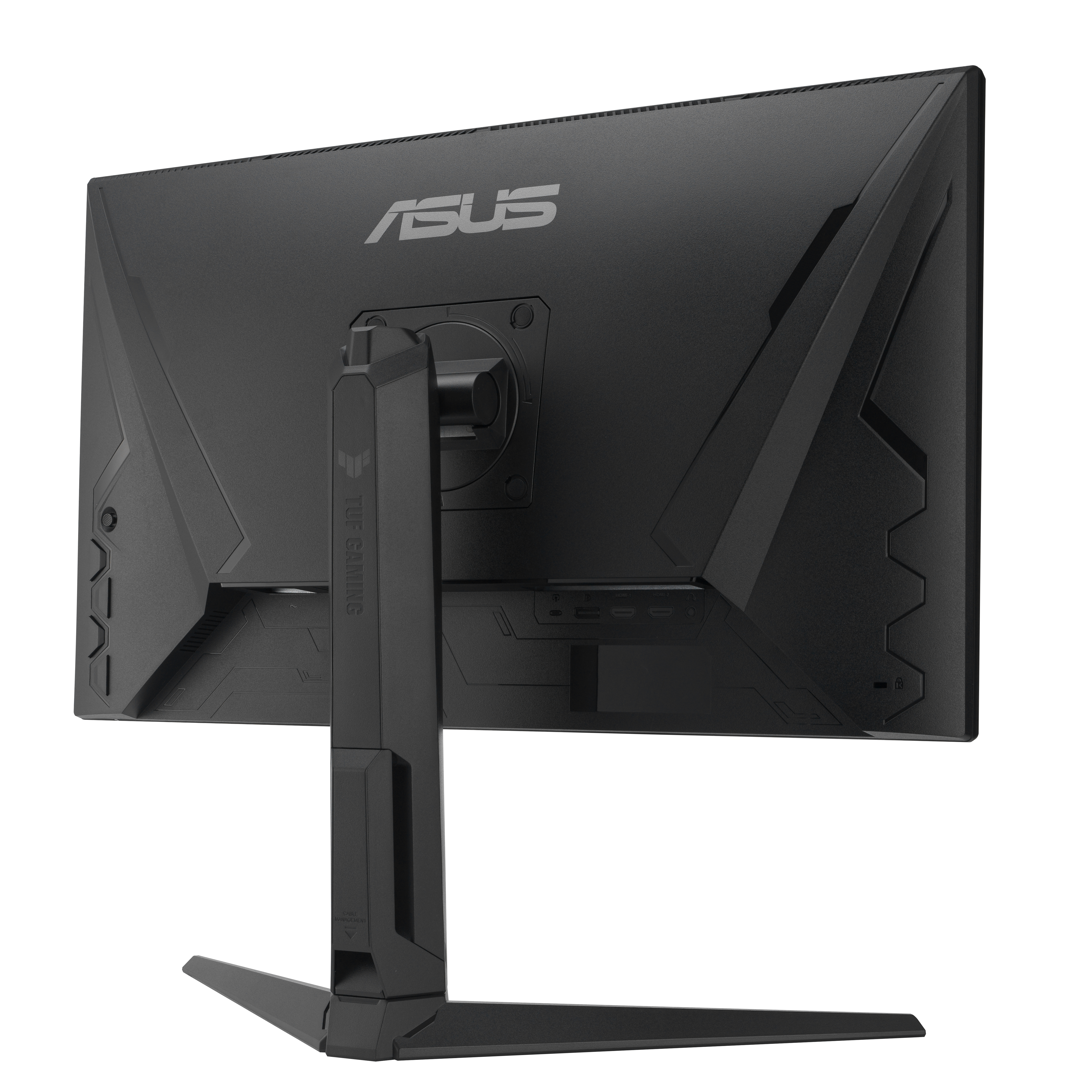 Back of a black Asus gaming monitor with stand and ports.