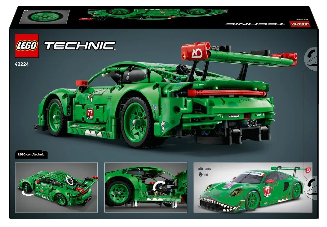 Zielone Lego Technic Porsche 911 z grafiką smoka, tylnym spojlerem i detalami wyścigowymi.