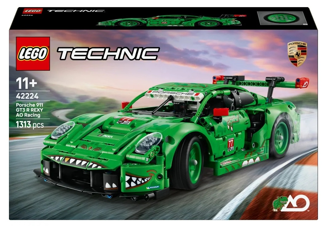 Zielony samochód wyścigowy LEGO Technic Porsche z motywem dinozaura.