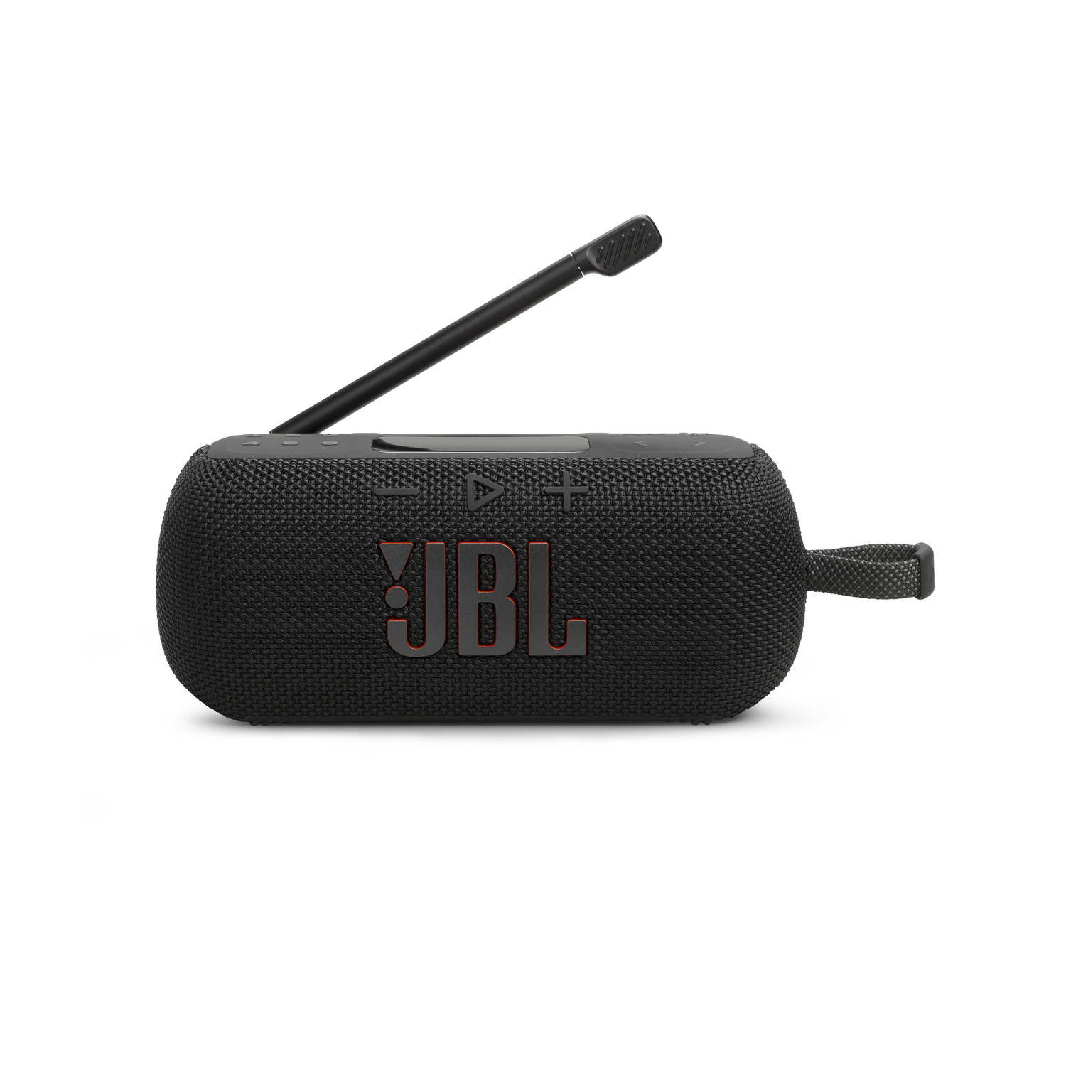 Altoparlante Bluetooth JBL nero con antenna e cinturino su sfondo bianco.