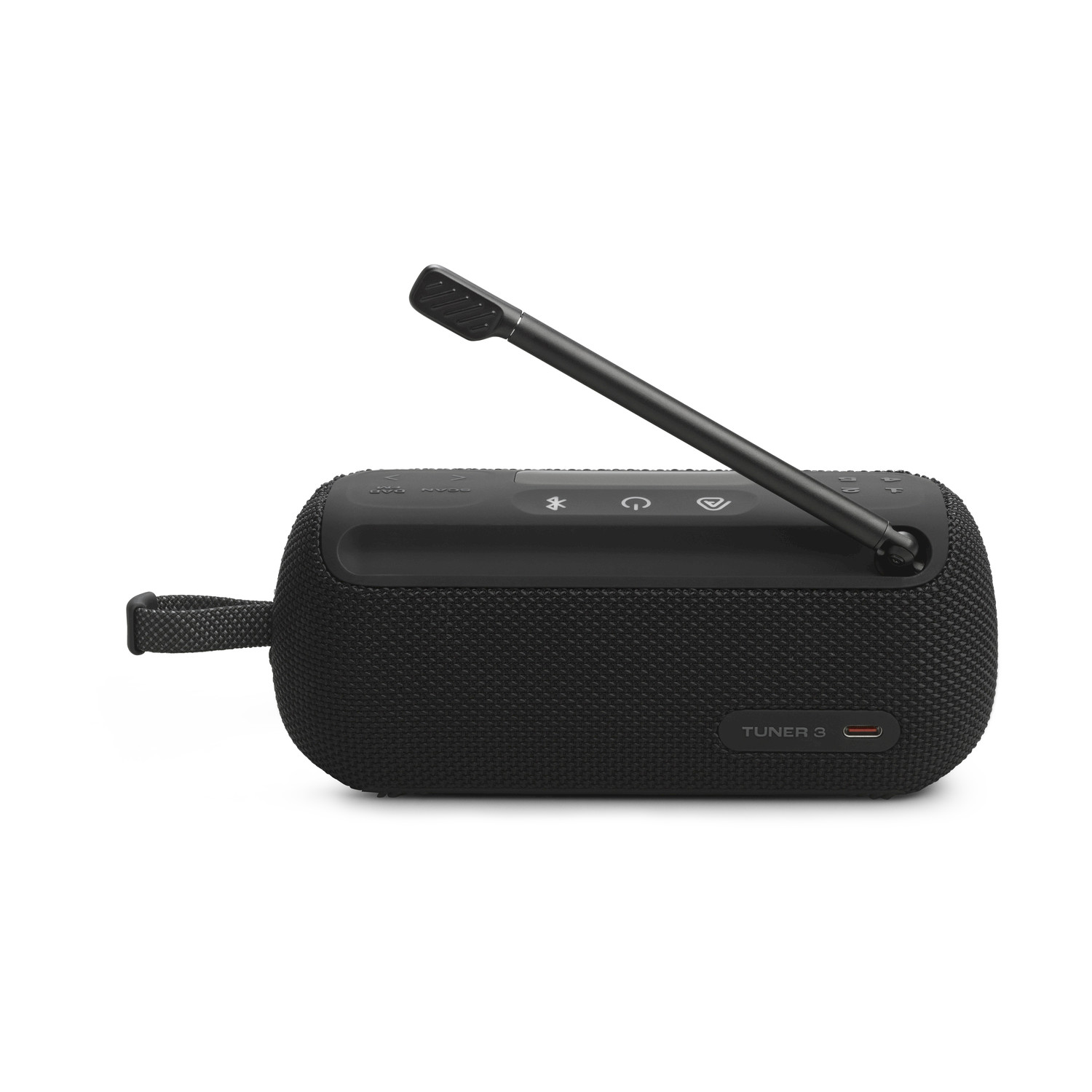 Altoparlante portatile nero con antenna estensibile e cinghia di trasporto.