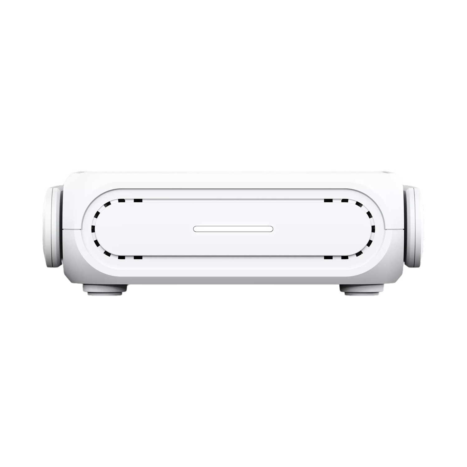 Un dispositivo elettronico rettangolare bianco con estremità arrotondate e fessure di ventilazione.
