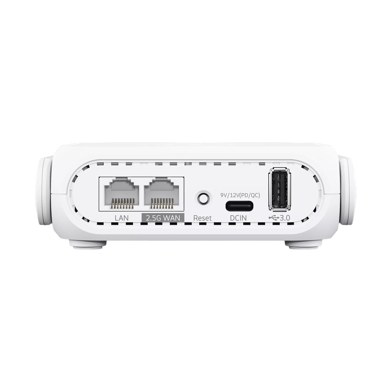 Router bianco con porte: LAN, 2,5G WAN, Reset, DCIN, USB 3.0.