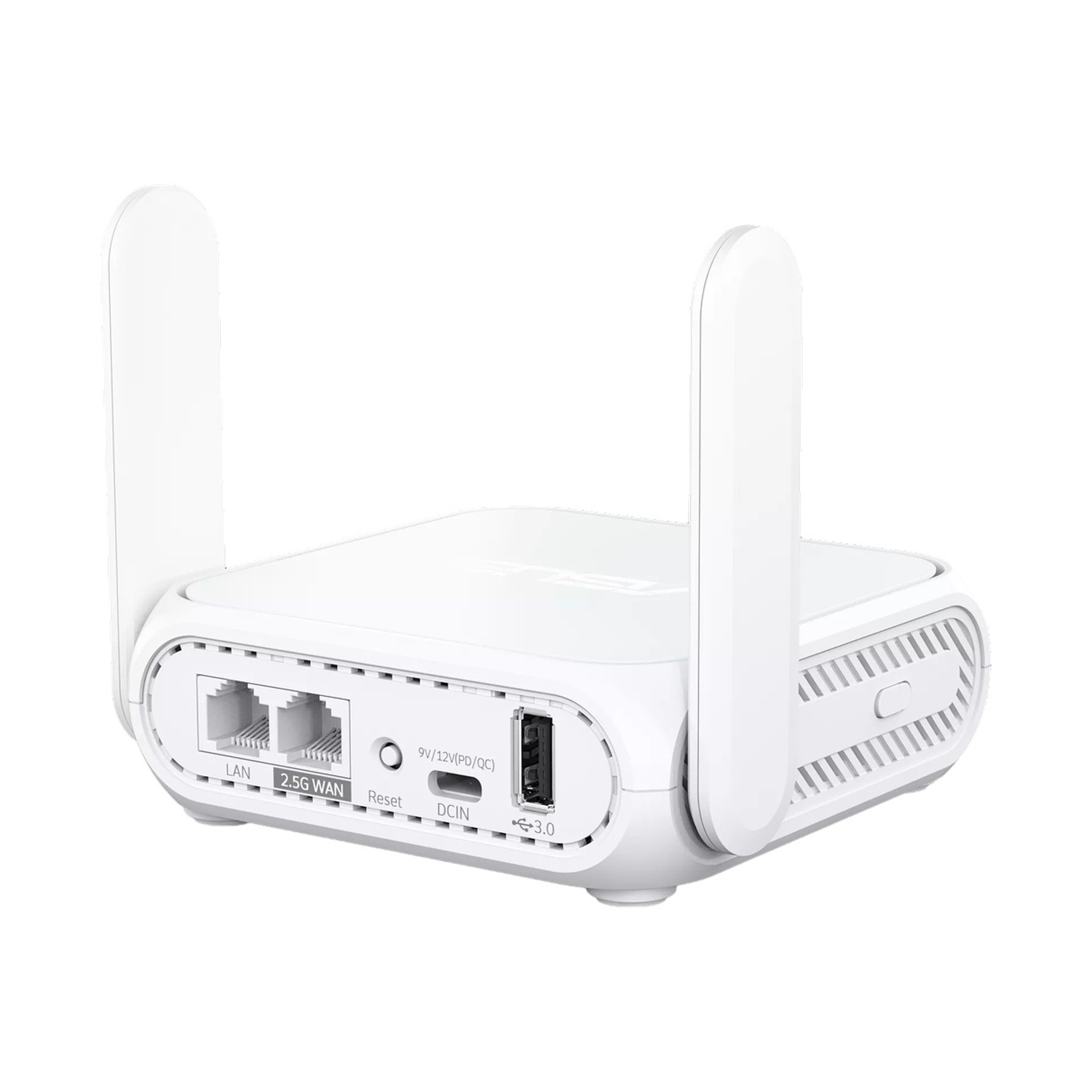 Un router Wi-Fi bianco con due antenne e porte.