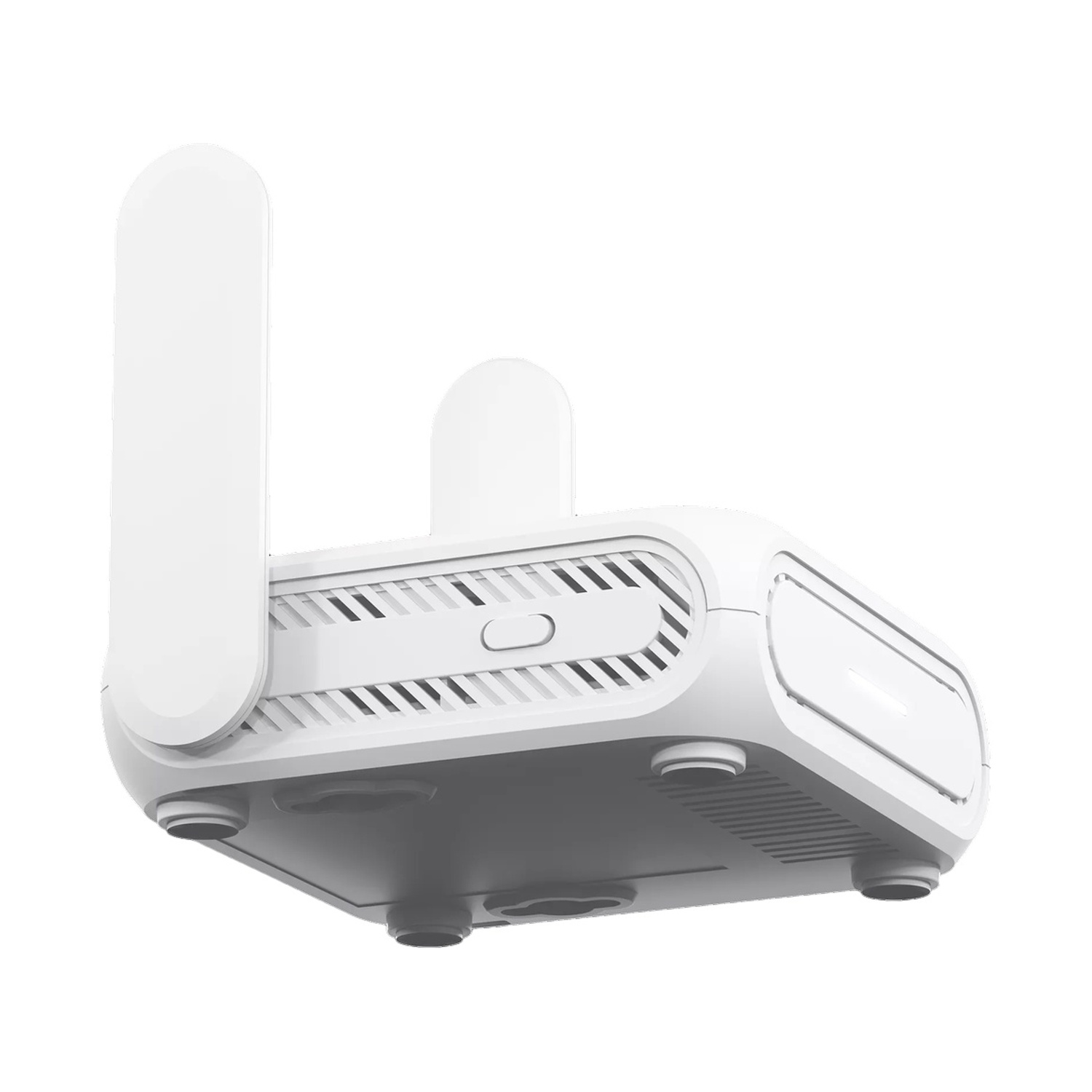 Un router bianco con due antenne, visto dal basso.