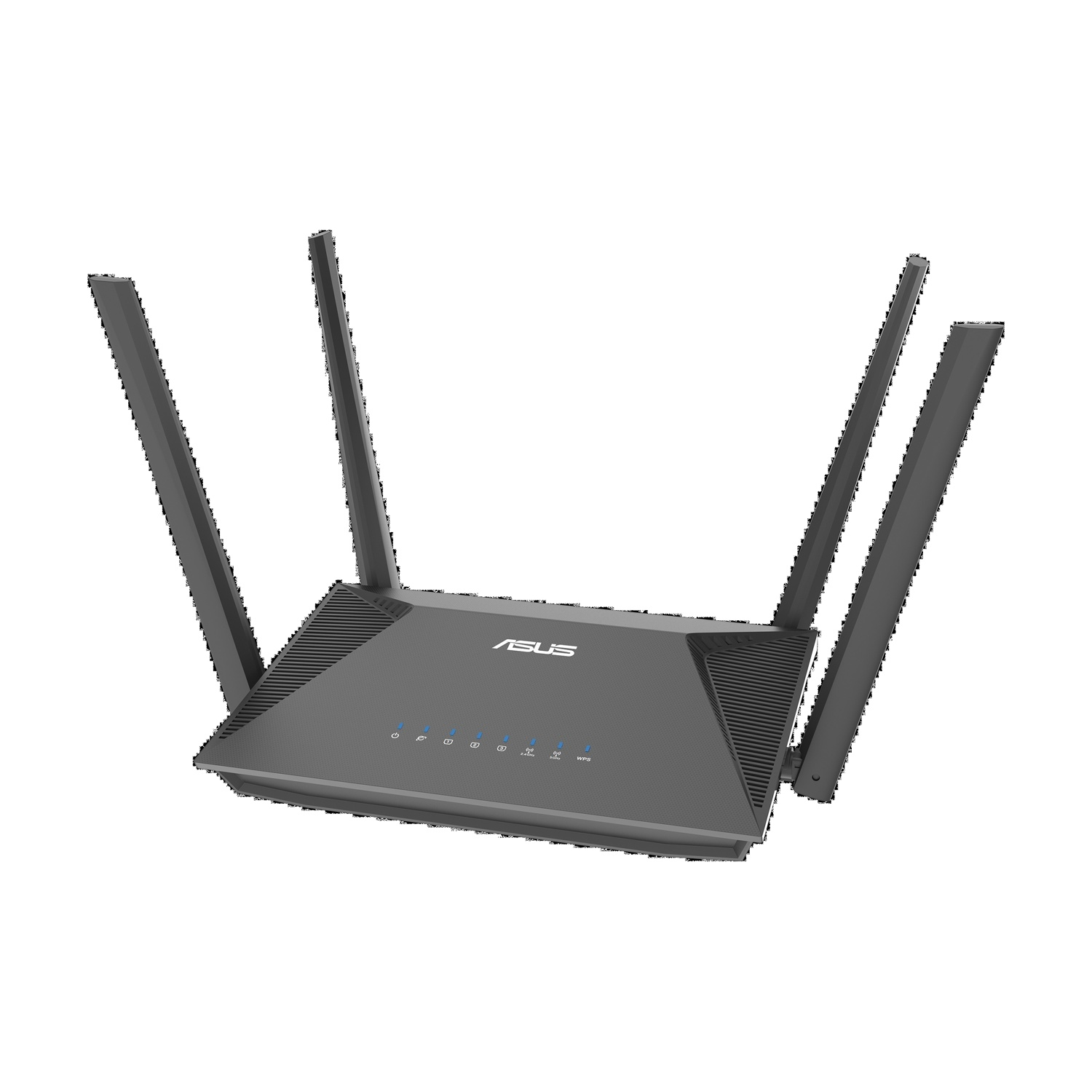 Un router ASUS nero con quattro antenne e LED di stato illuminati.