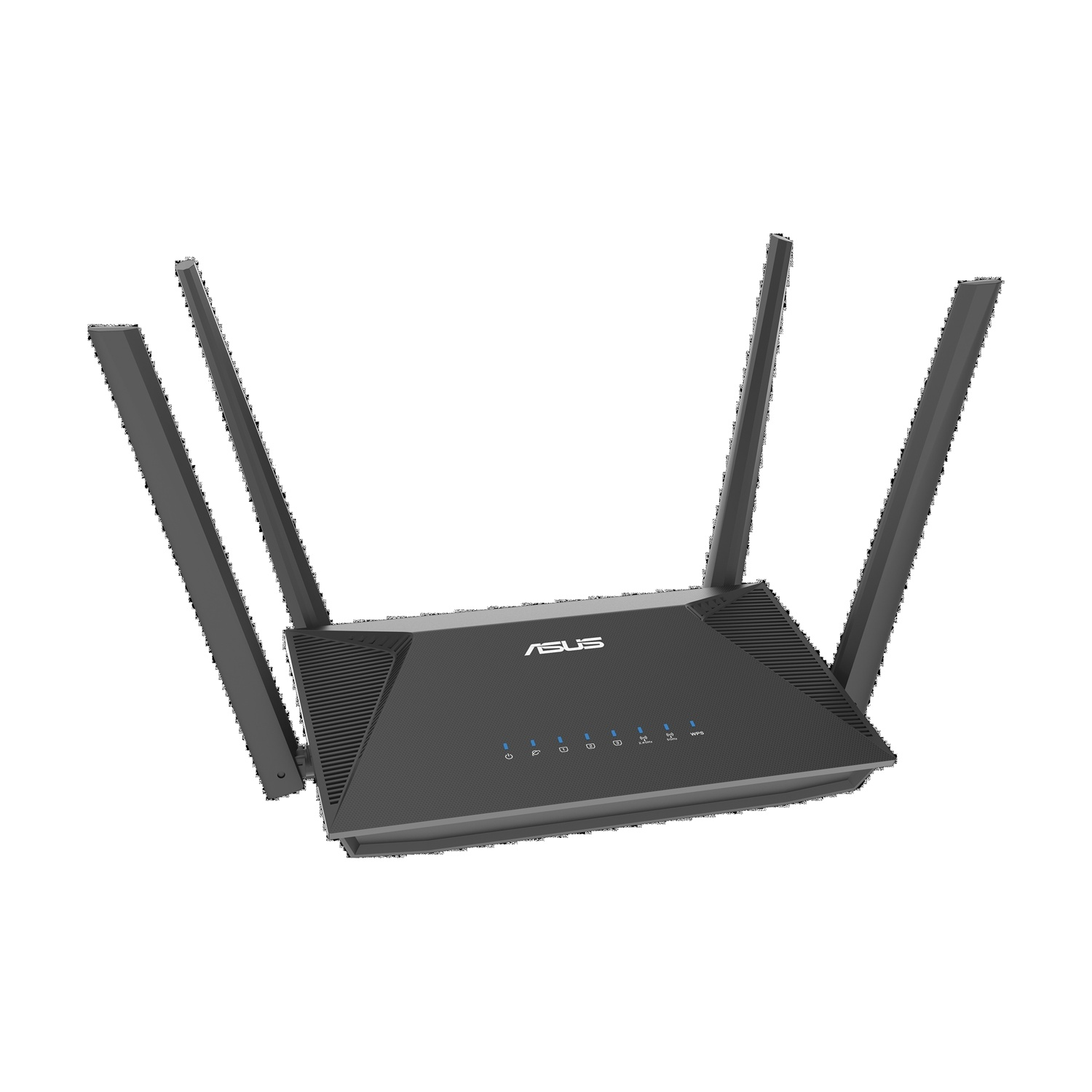 Router ASUS nero con quattro antenne su sfondo bianco.