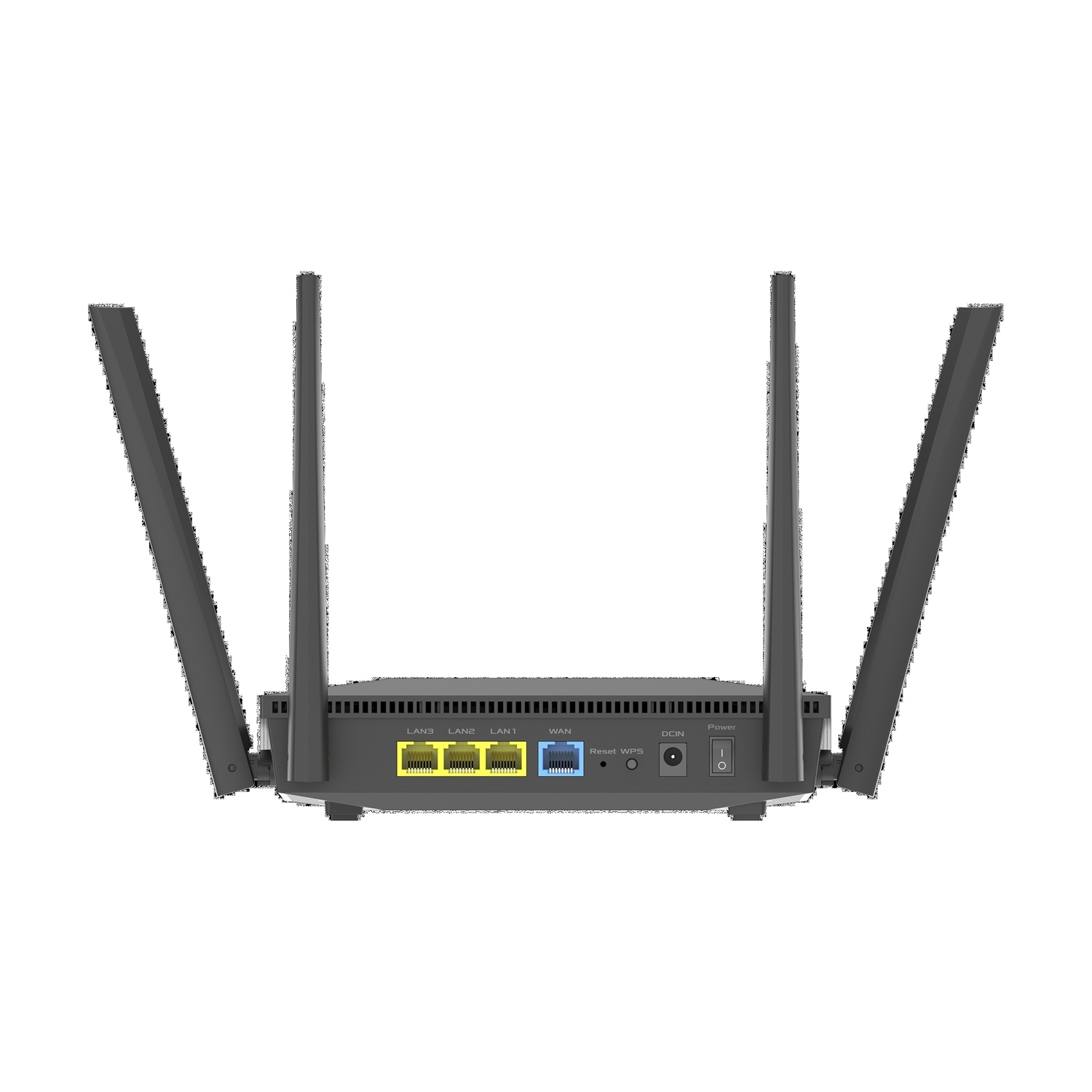 Un router grigio con quattro antenne e porte LAN/WAN.