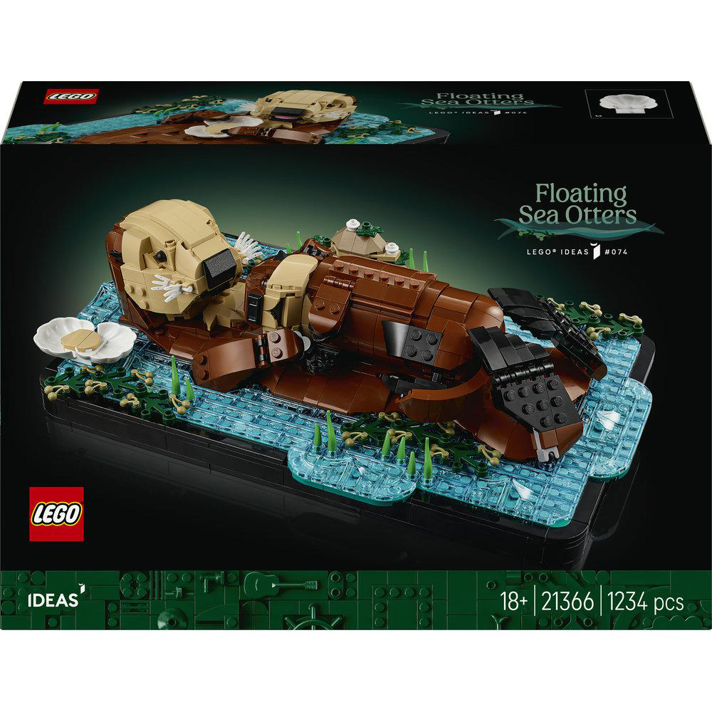 LEGO Set "Floating Sea Otters" mit braunem Otter und Muschel auf Wasserbasis.