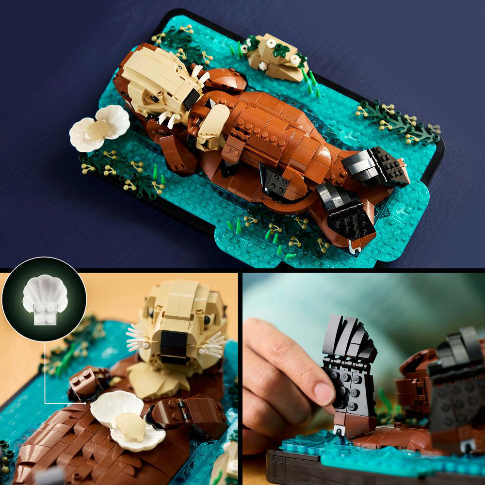 Ein Lego-Seelöwen-Modell schwimmt auf blauem Wasser mit Algen und Muscheln.