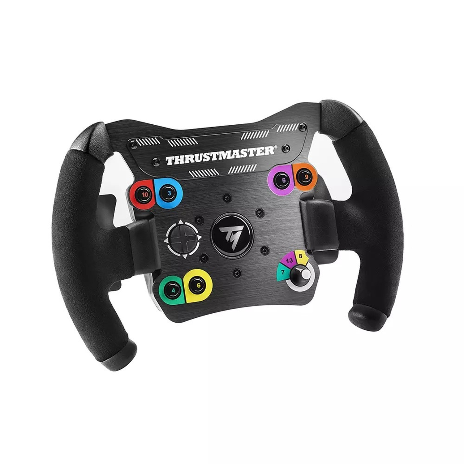 Un volante da corsa nero con impugnature gommate e pulsanti colorati.