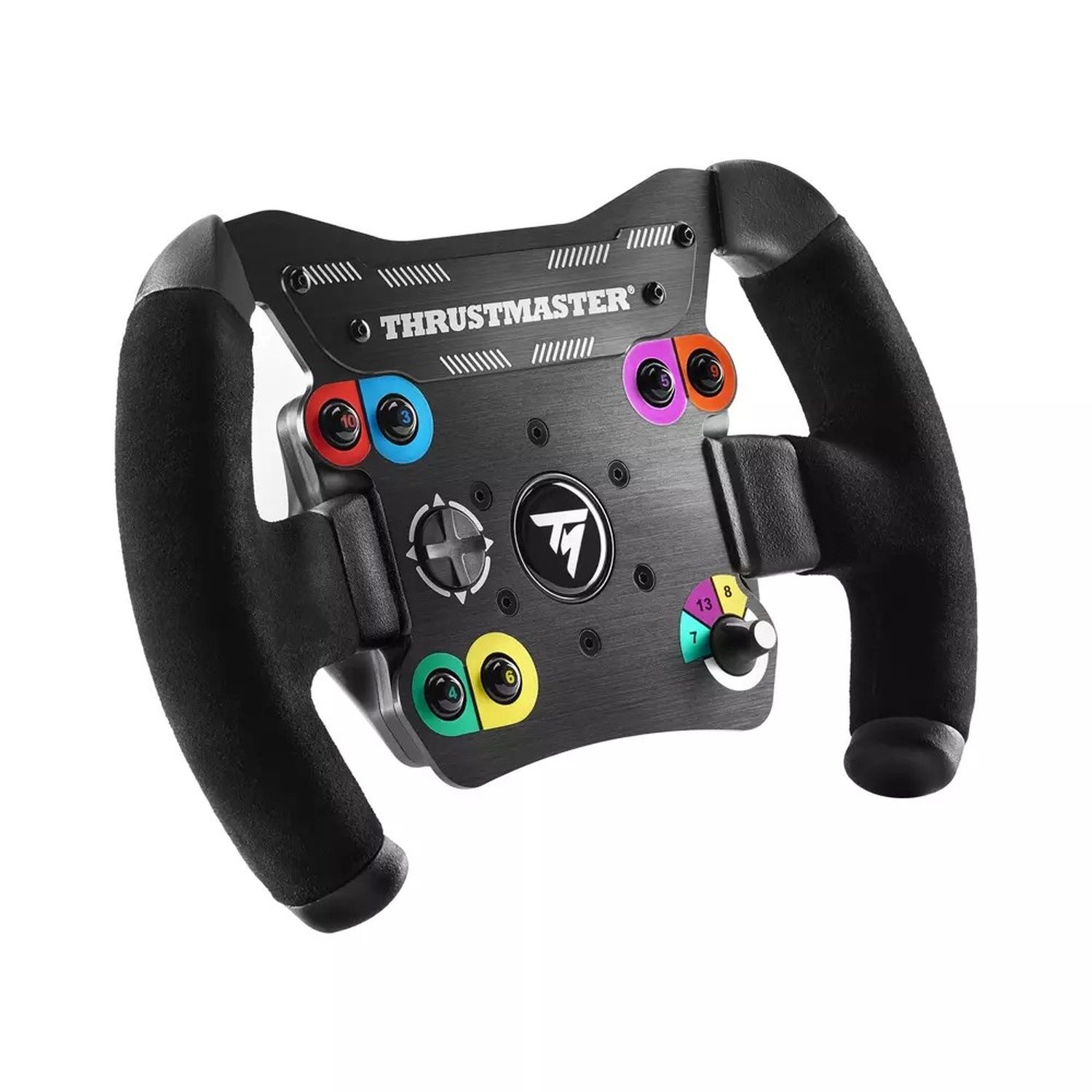 Un volante da corsa Thrustmaster nero con impugnature, pulsanti e pad direzionale.