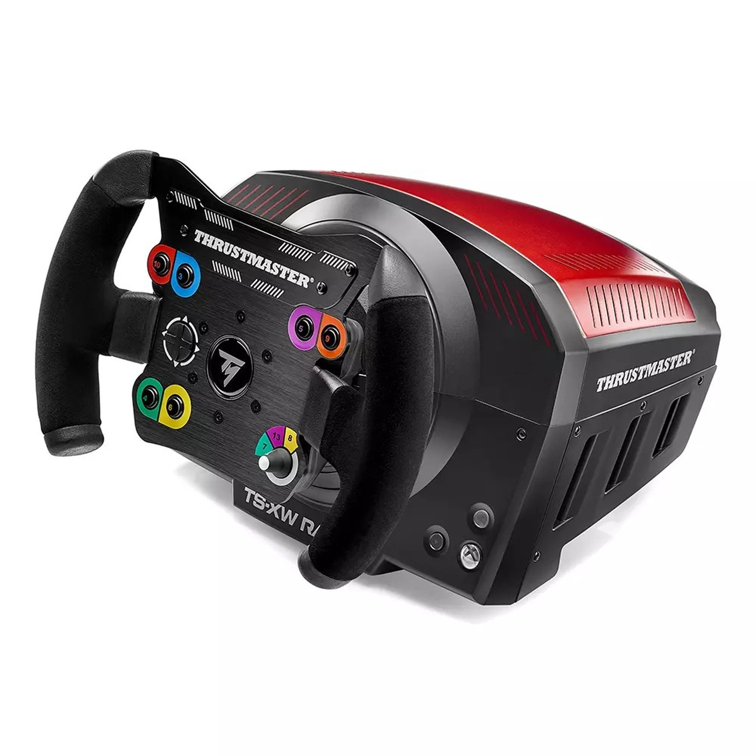 Volante da gioco nero con accenti rossi e pulsanti multipli.