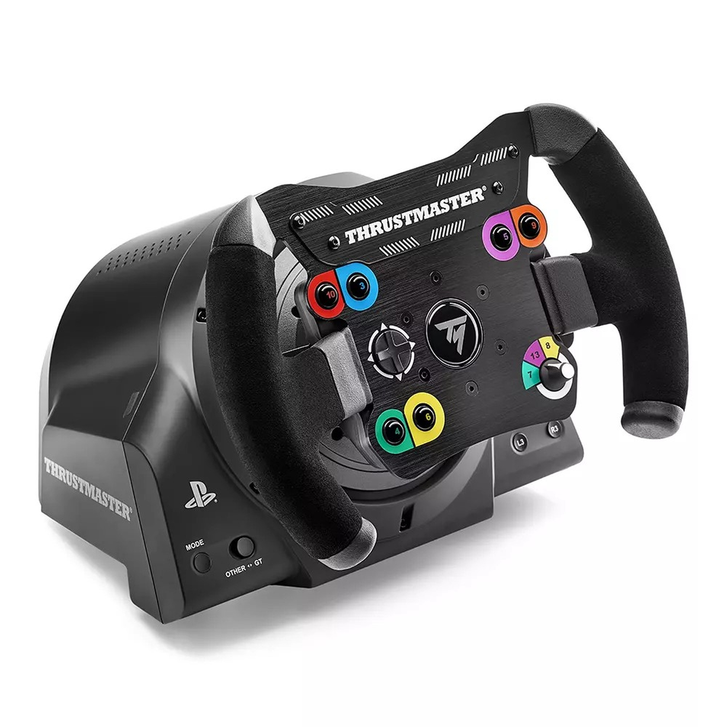 Viene mostrato un volante da corsa Thrustmaster nero con pulsanti e impugnature colorate.