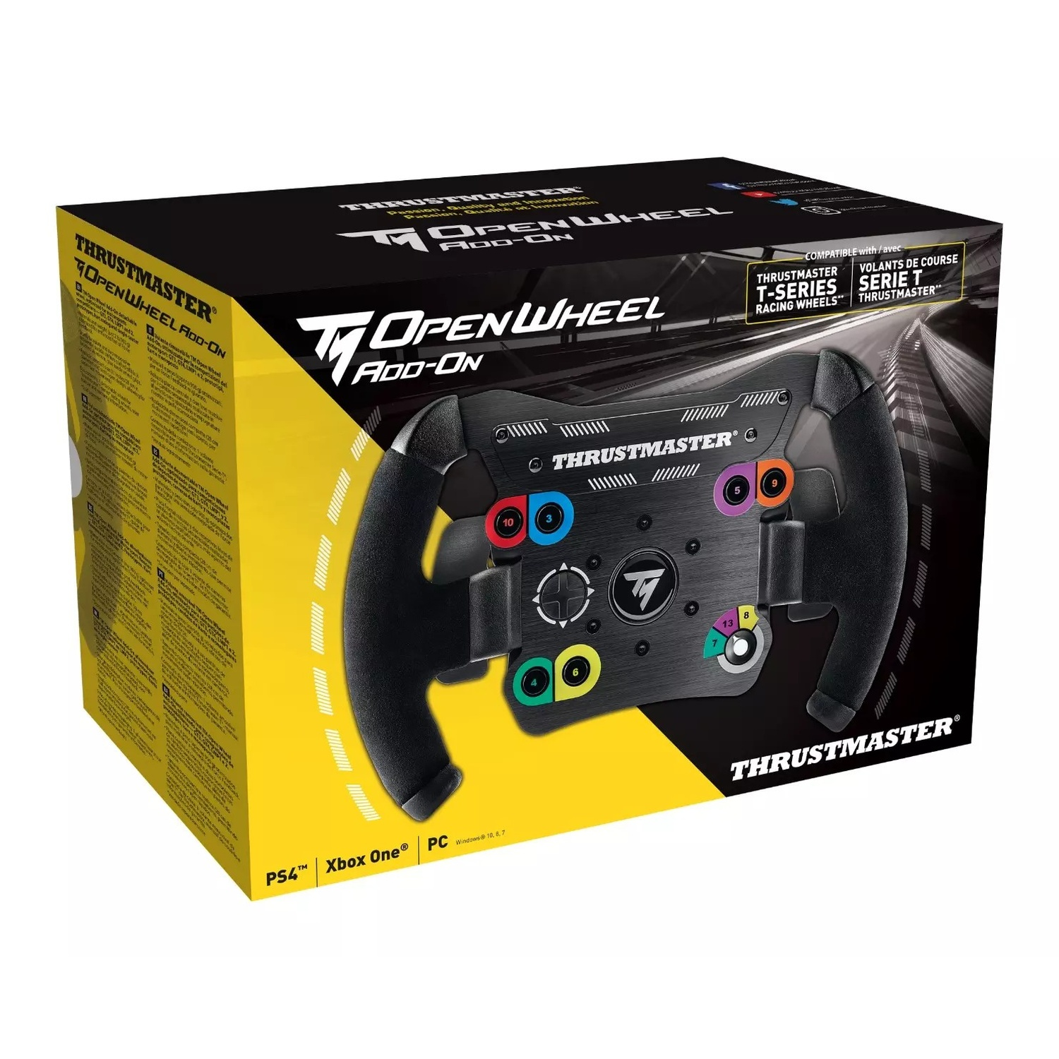Volante Thrustmaster Open Wheel Add-On su confezione gialla e nera.