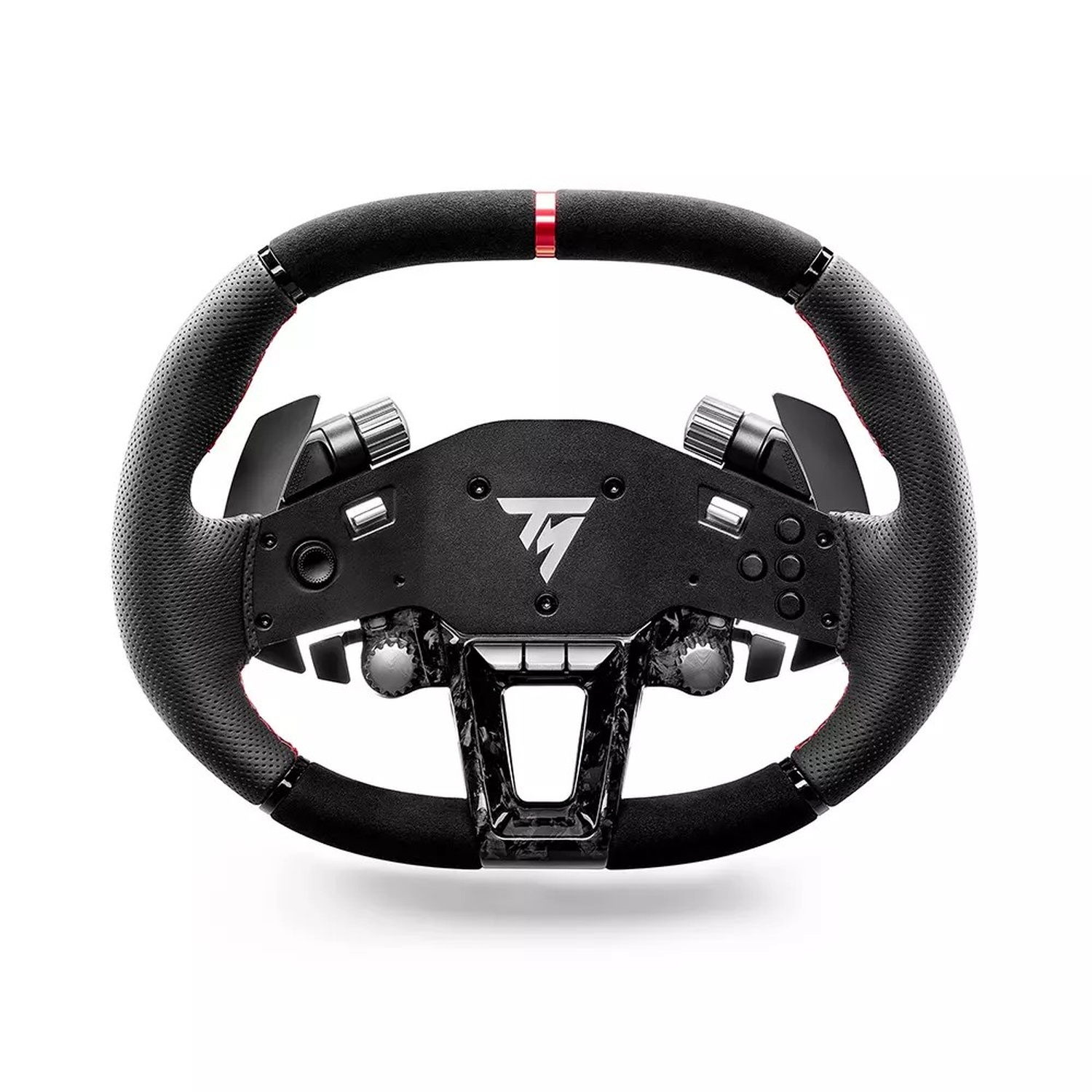 Volante da corsa nero con accenti rossi e controlli a pulsante, su sfondo bianco.