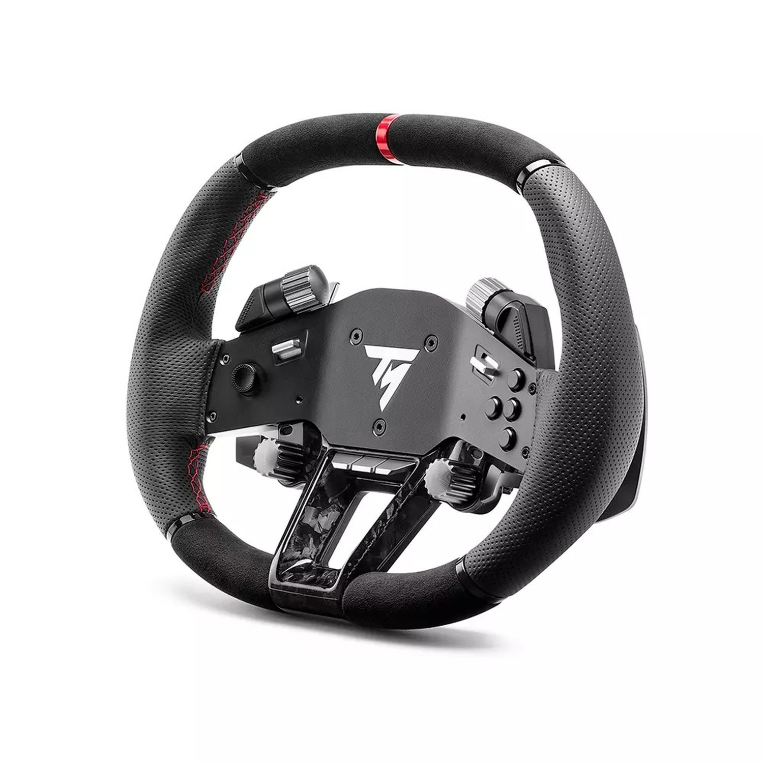 Un volante nero con cuciture rosse e controlli.