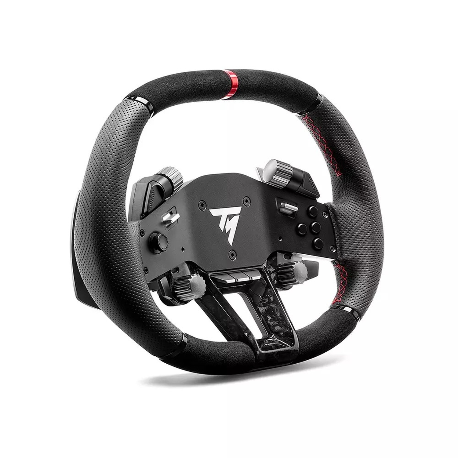 Un volante da corsa nero con accenti rossi e pulsanti.