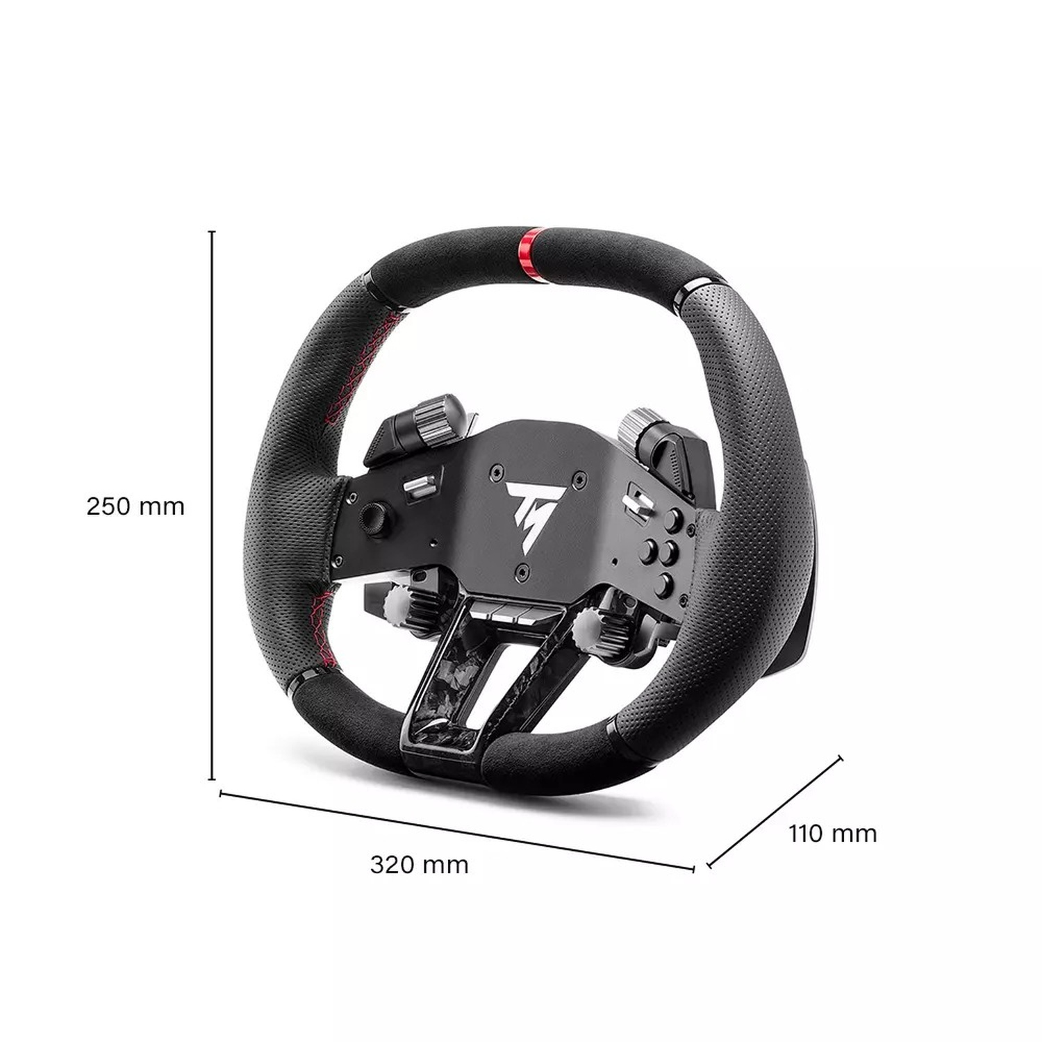 Un volante da corsa nero con cuciture rosse e dimensioni.