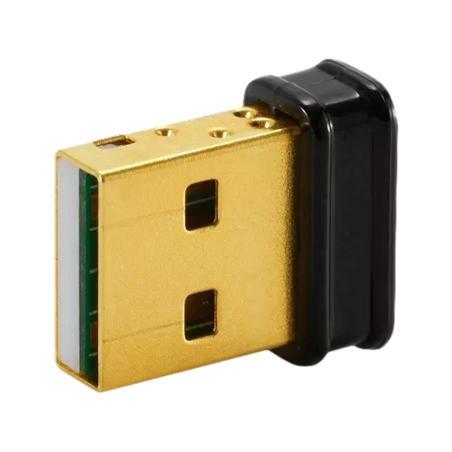 Adattatore USB dorato con custodia nera, su sfondo bianco.
