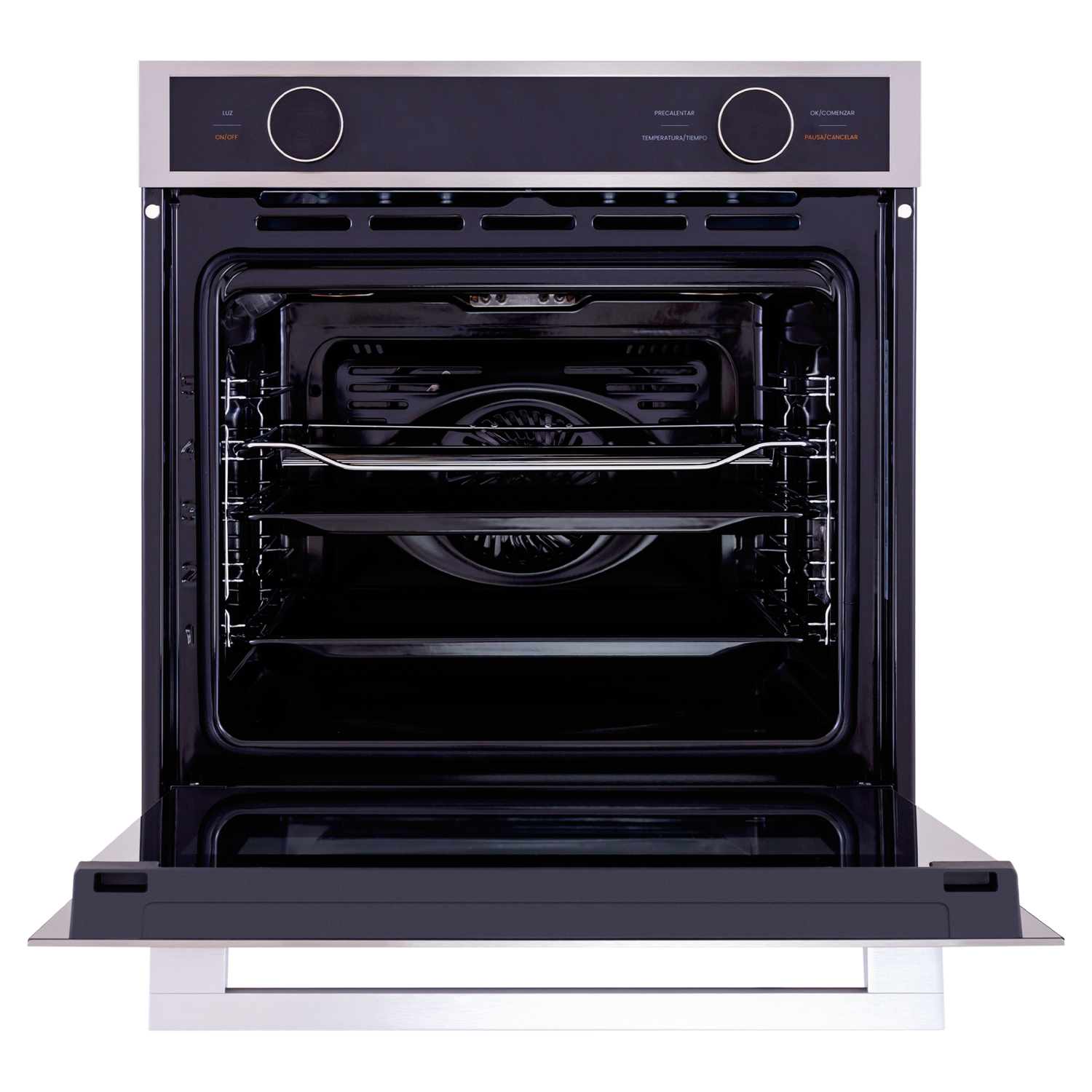 Un horno empotrado moderno con la puerta abierta, detalles cromados y panel de control negro.