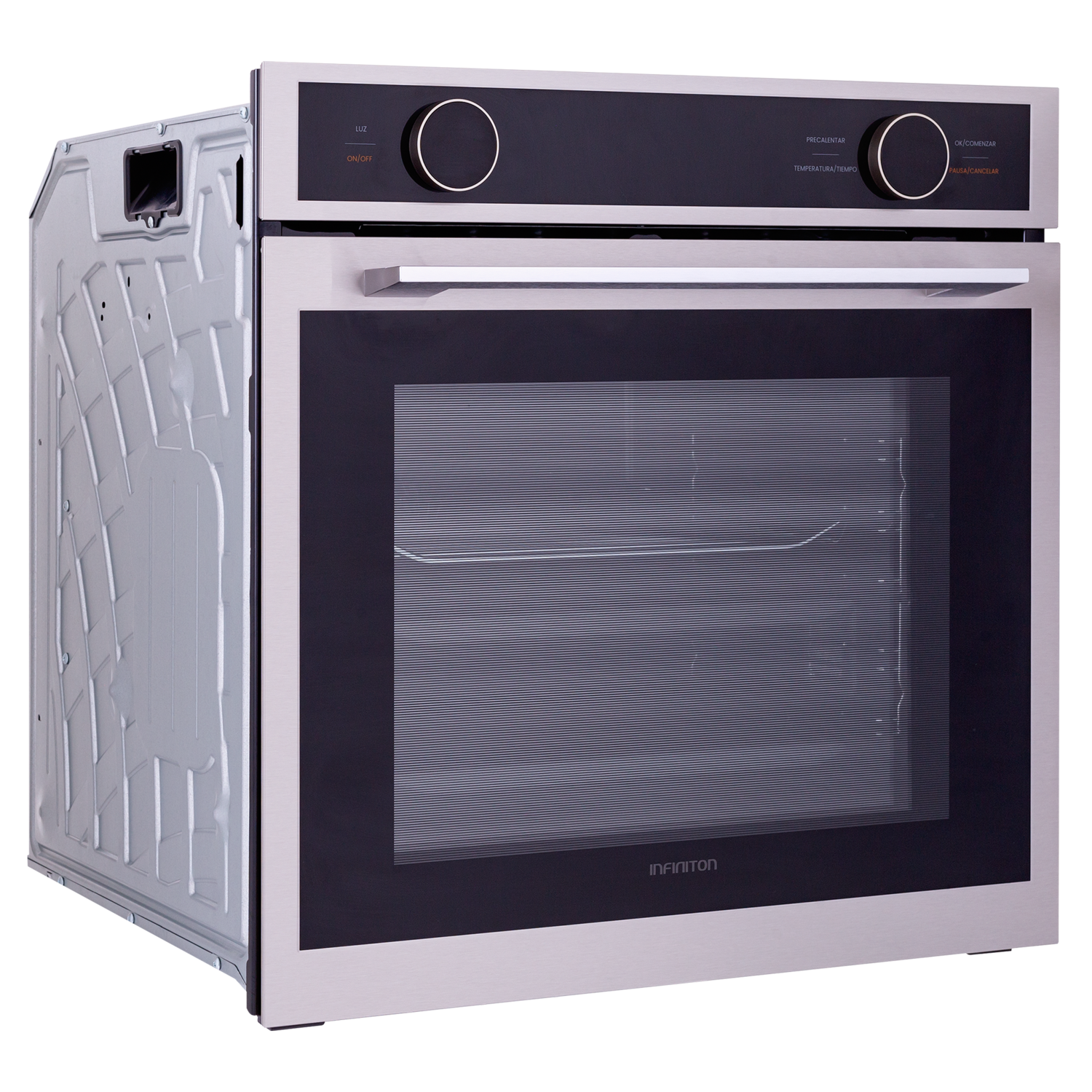 Un horno moderno empotrable de acero inoxidable con frontal negro y panel.