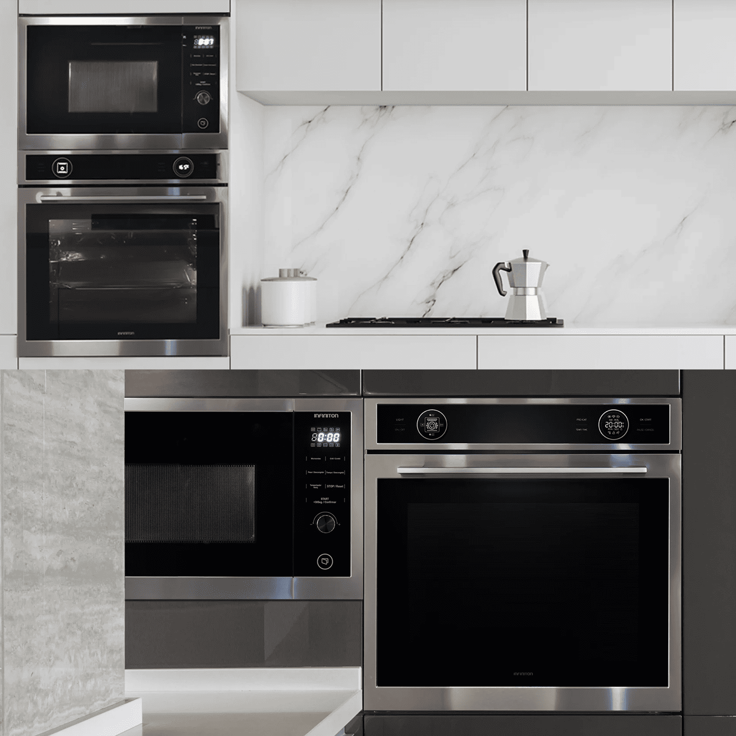 Montaje de cocina moderno con microondas, horno y cafetera.