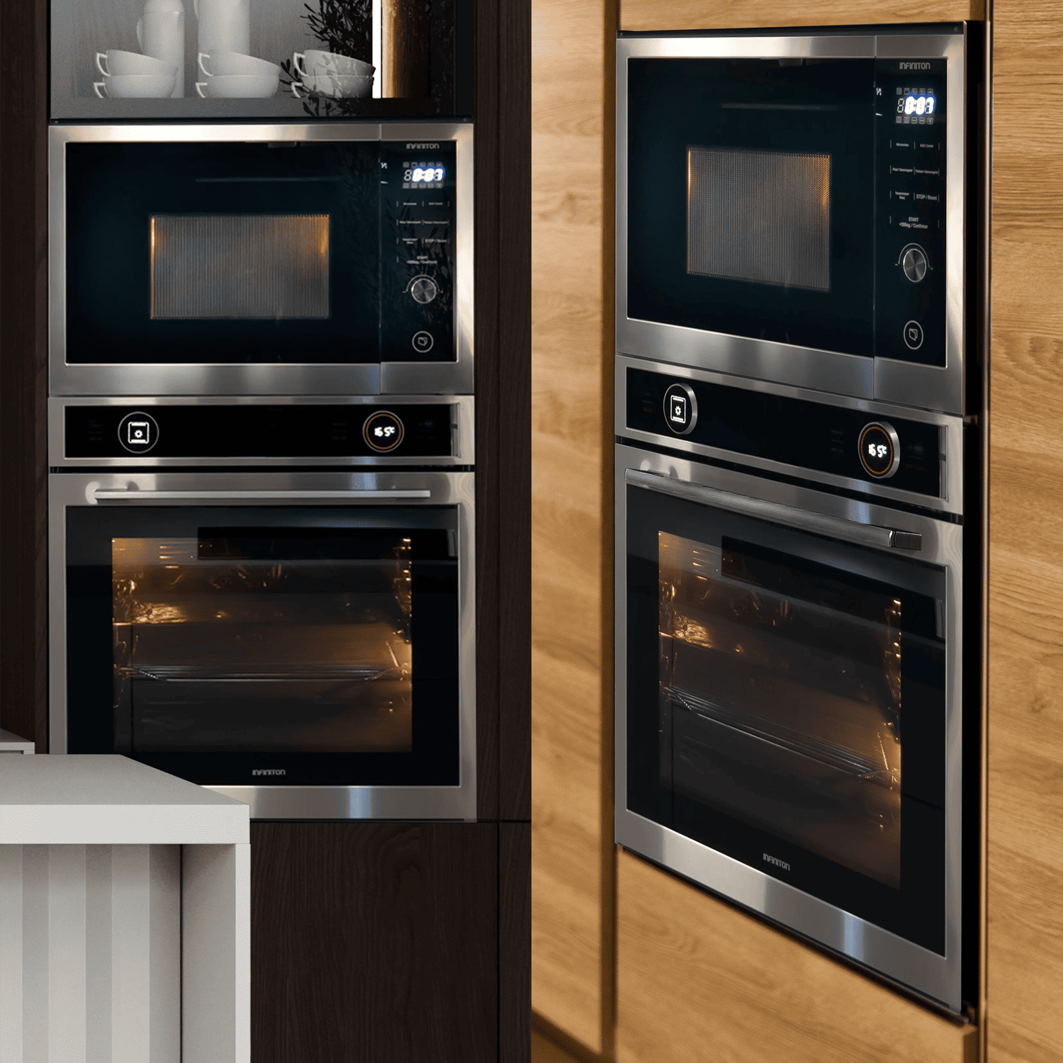 Electrodomésticos empotrados: microondas, horno y cajón en armarios de madera oscura.