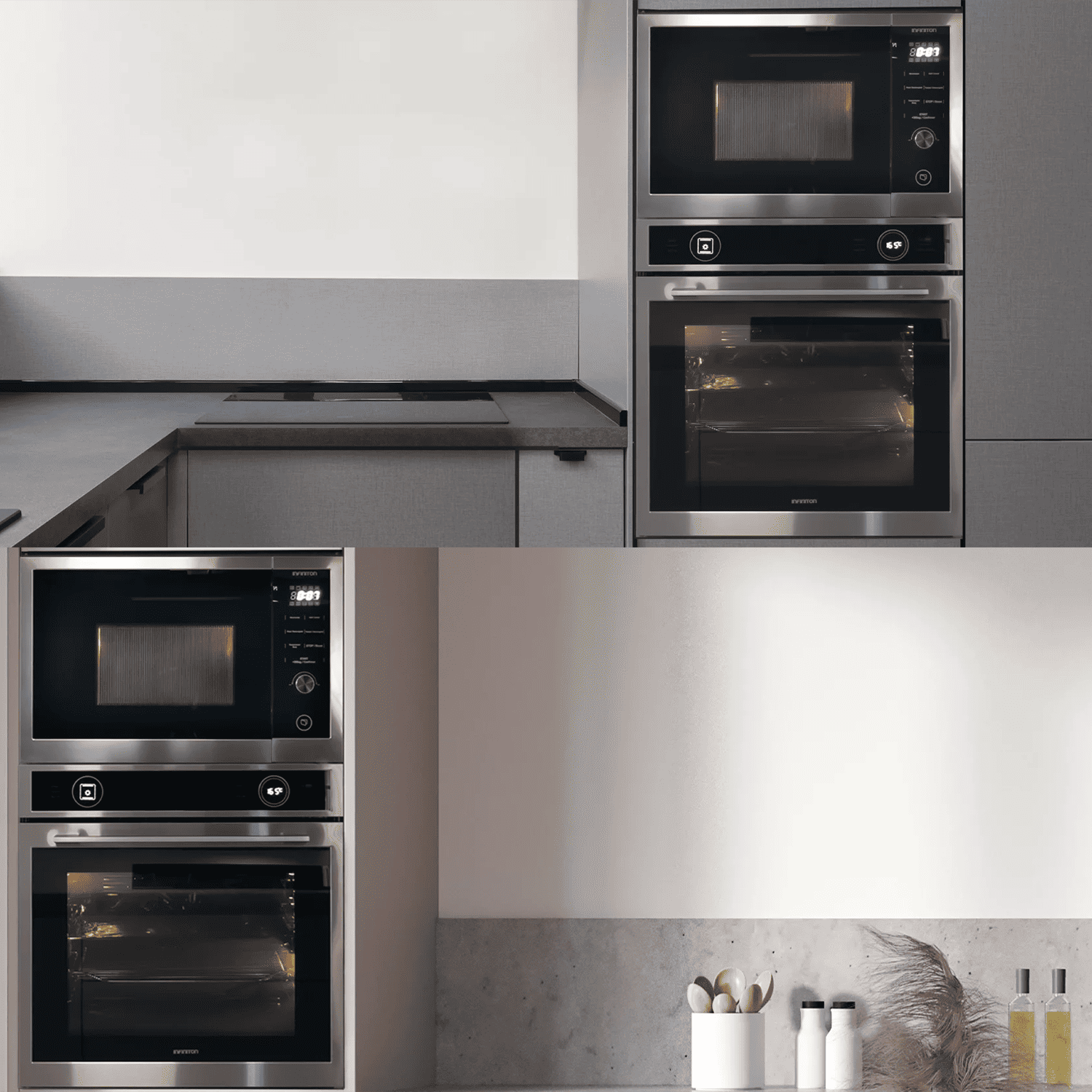 Cocina moderna con electrodomésticos empotrados: microondas sobre horno, junto a vitrocerámica.