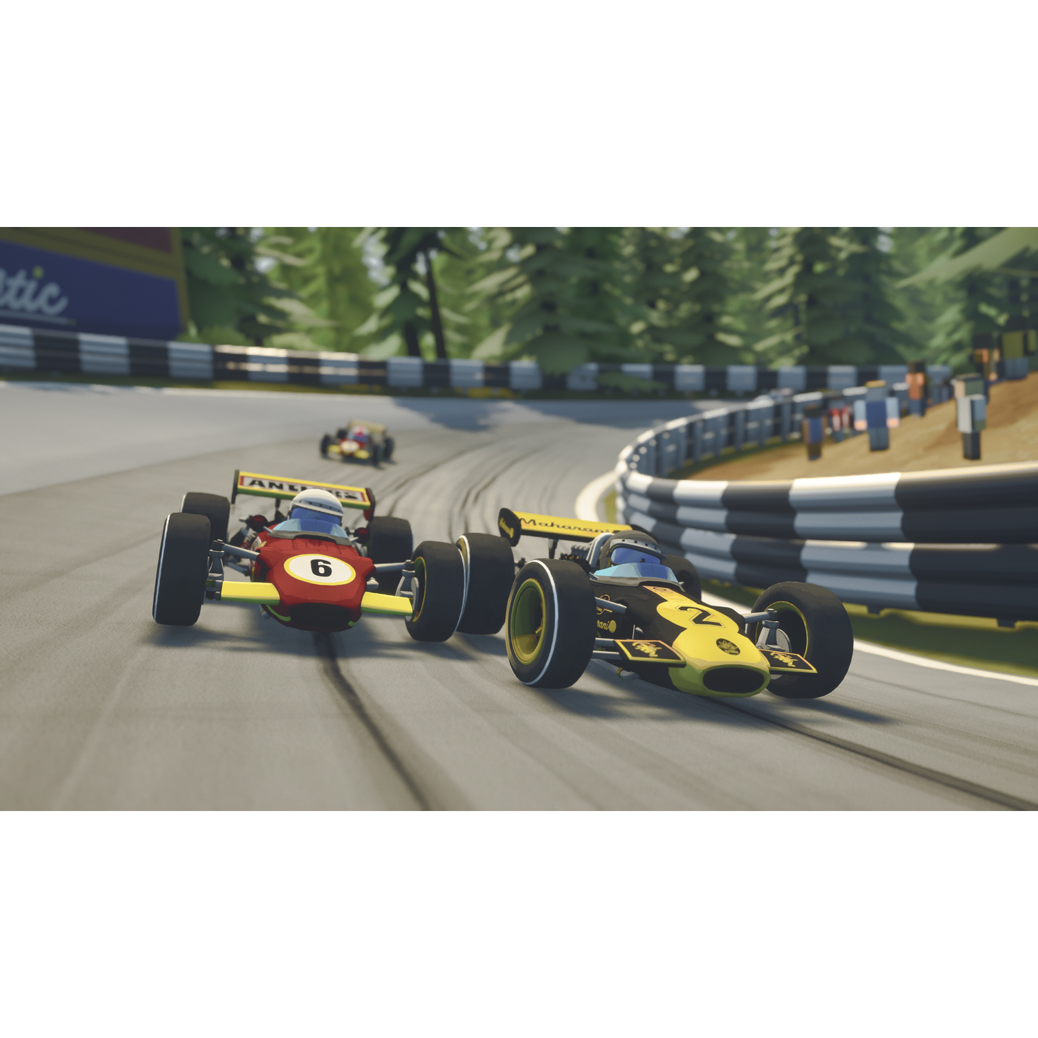 Twee raceauto's op een circuit, één rood met nummer 6, de ander geel en zwart.