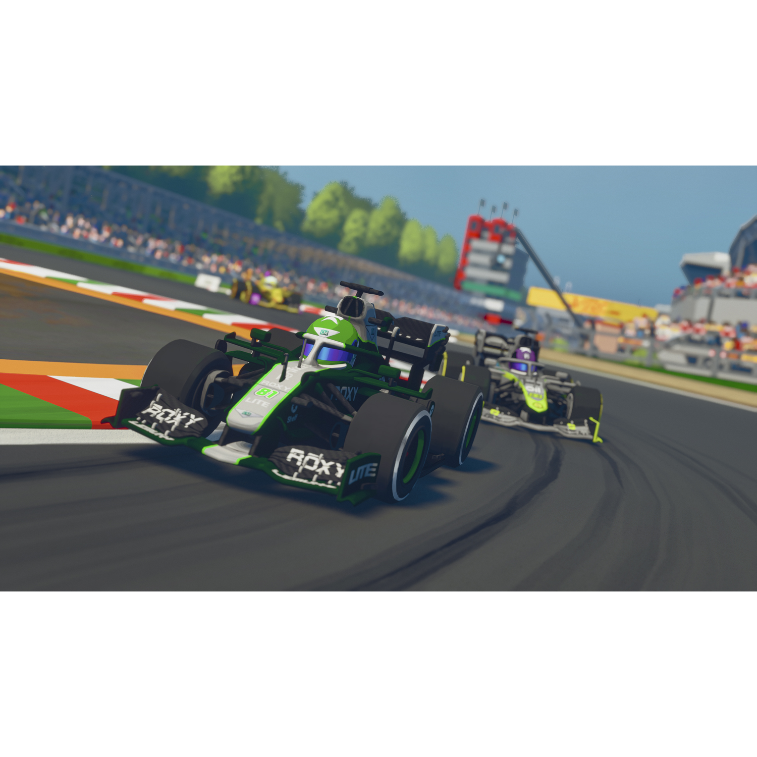 Two green and white race cars compete on a track with grandstands and trees in the background.