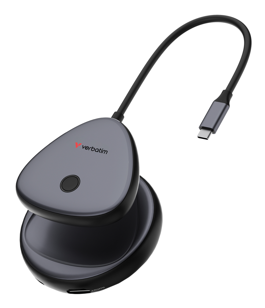 Szary hub USB-C Verbatim z portem HDMI i elastycznym kablem.