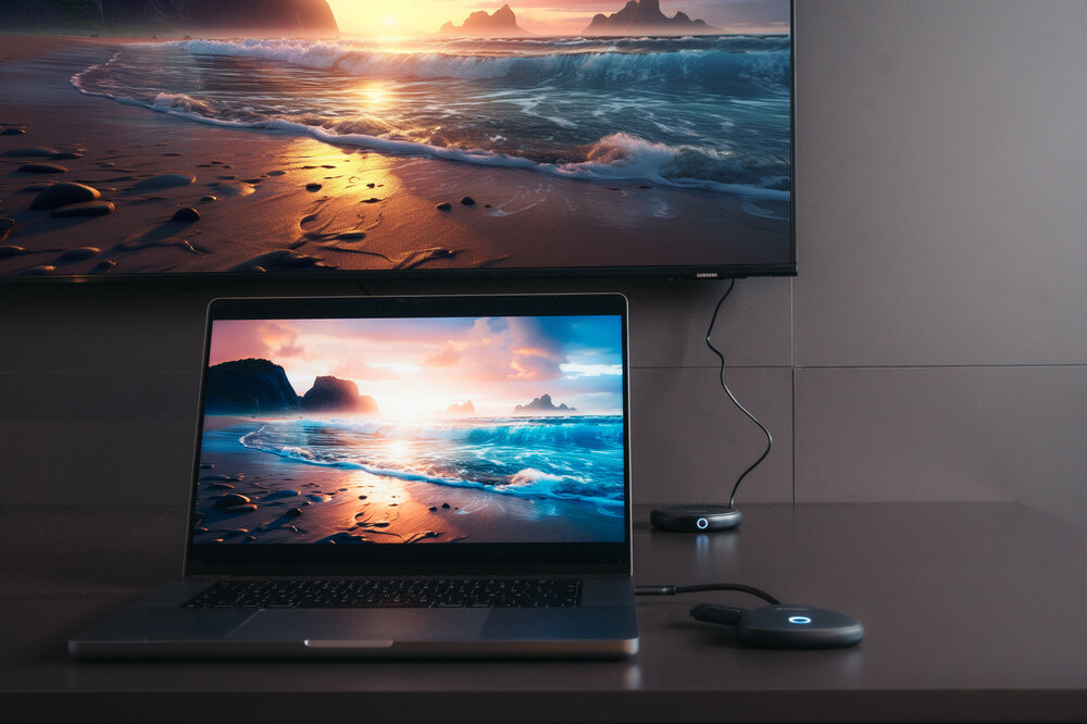 Laptop i monitor wyświetlają zachód słońca na plaży. Dwa czarne dongle na stole.