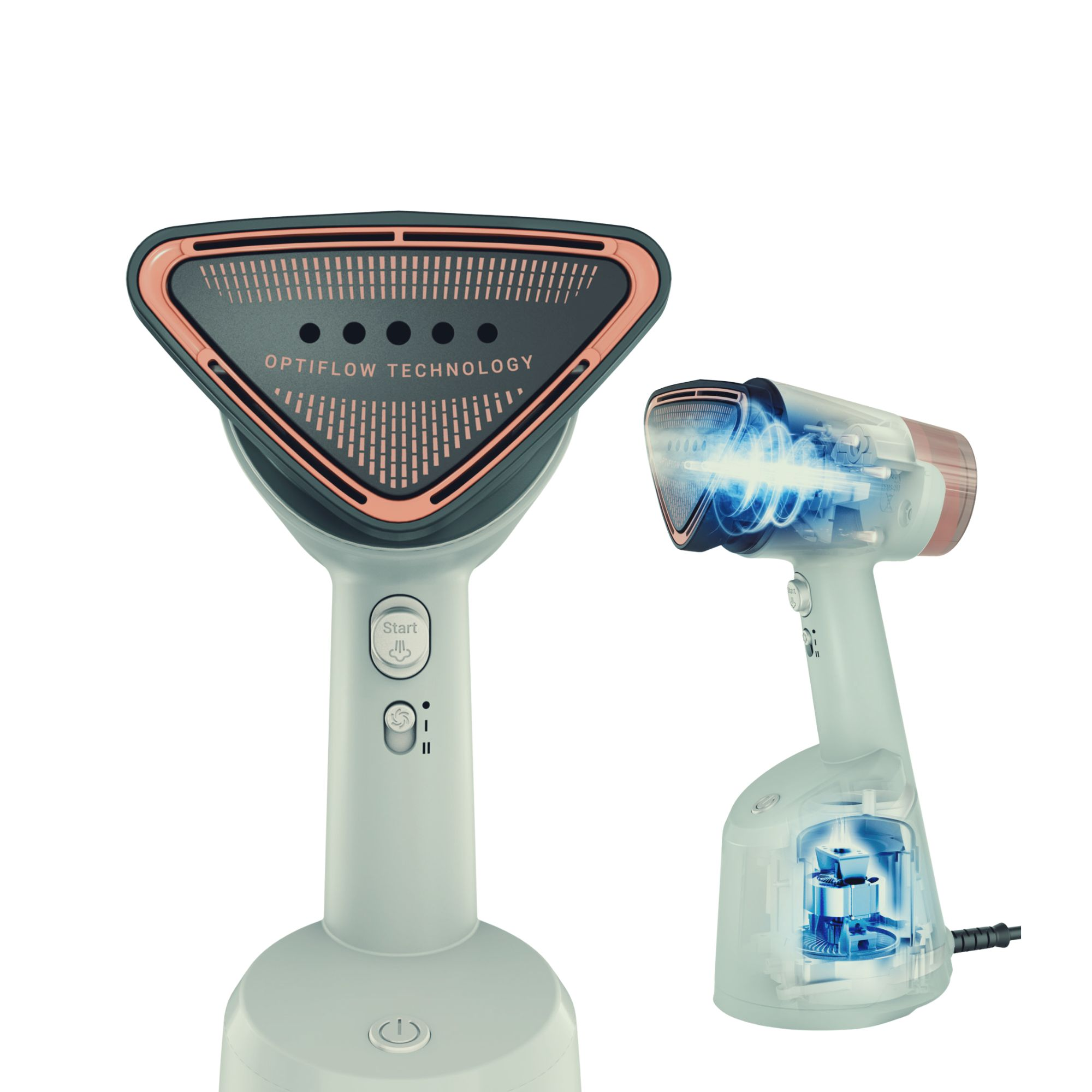Una plancha de vapor con "Optiflow Technology" y carcasa transparente.