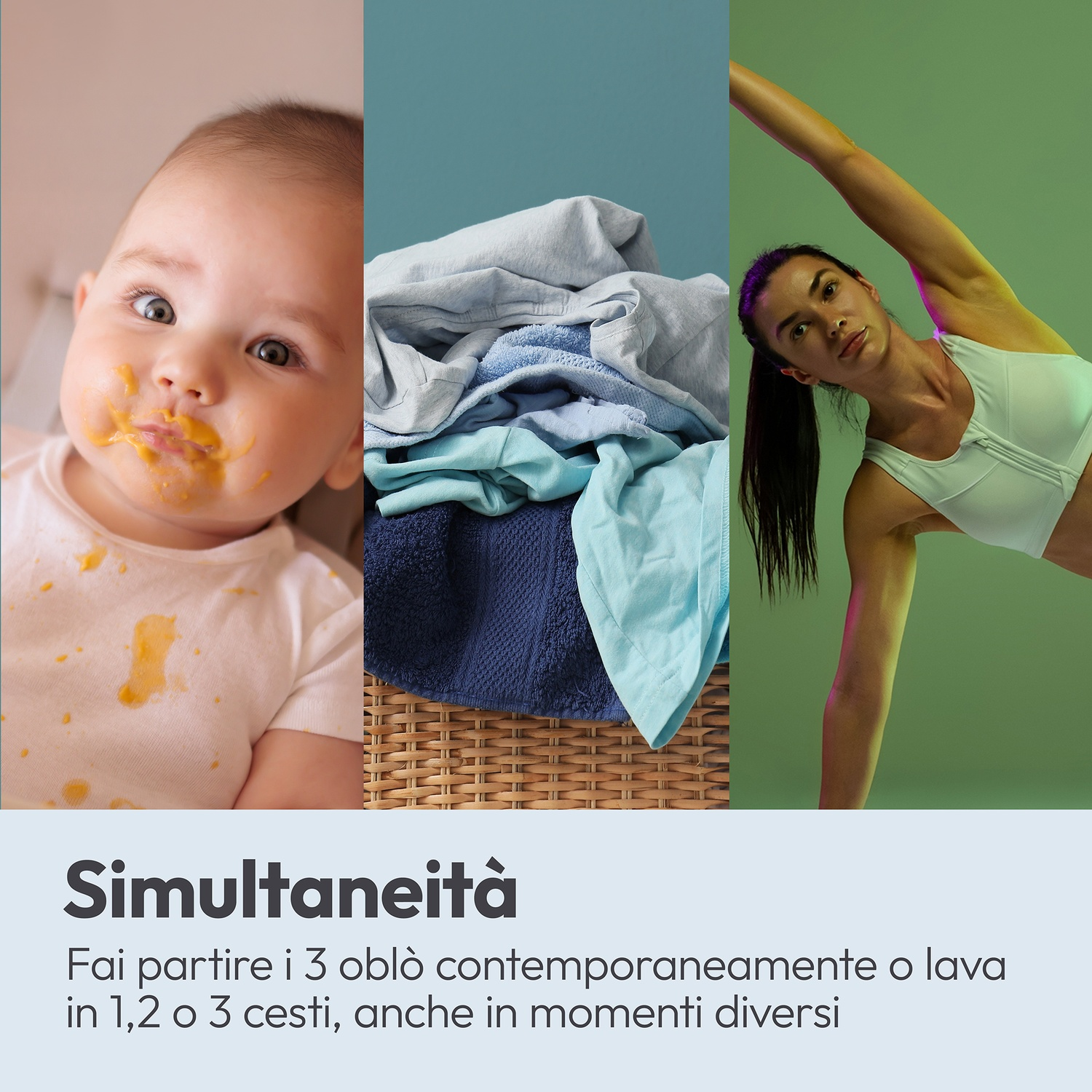 Bambino con maglietta macchiata, cesto biancheria, donna fa yoga.