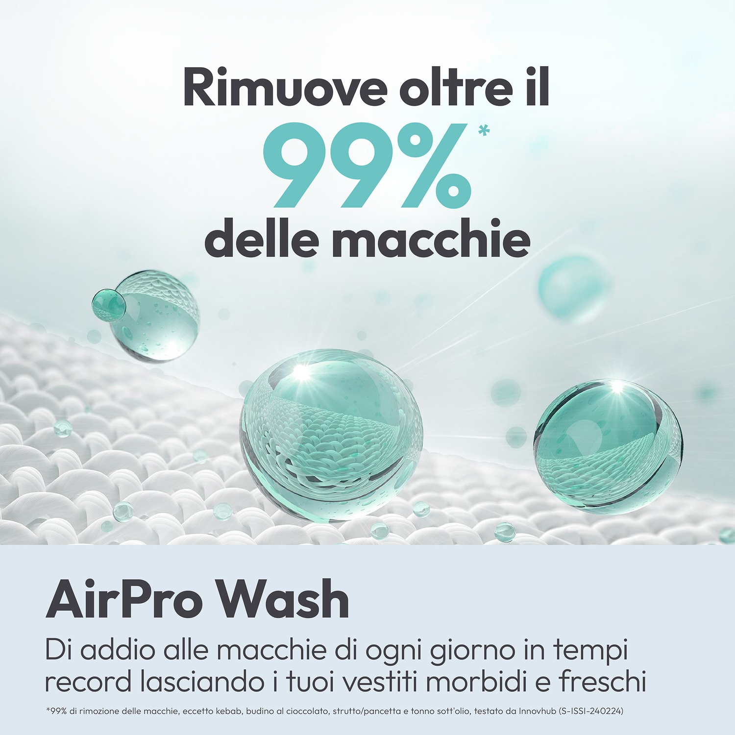 AirPro Wash: rimuove oltre il 99% delle macchie. Fibre bianche con gocce d'acqua.