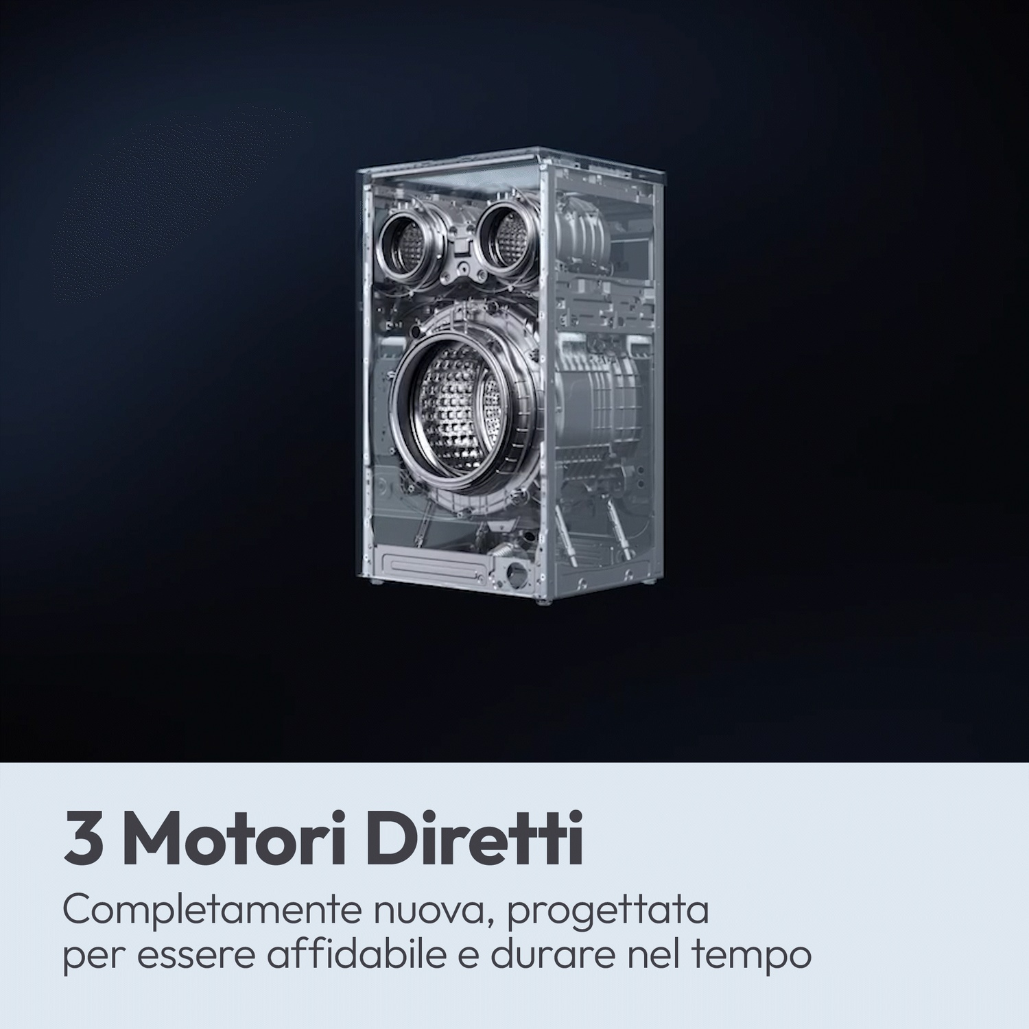 Vista dettagliata di una lavatrice con tre motori a trazione diretta.